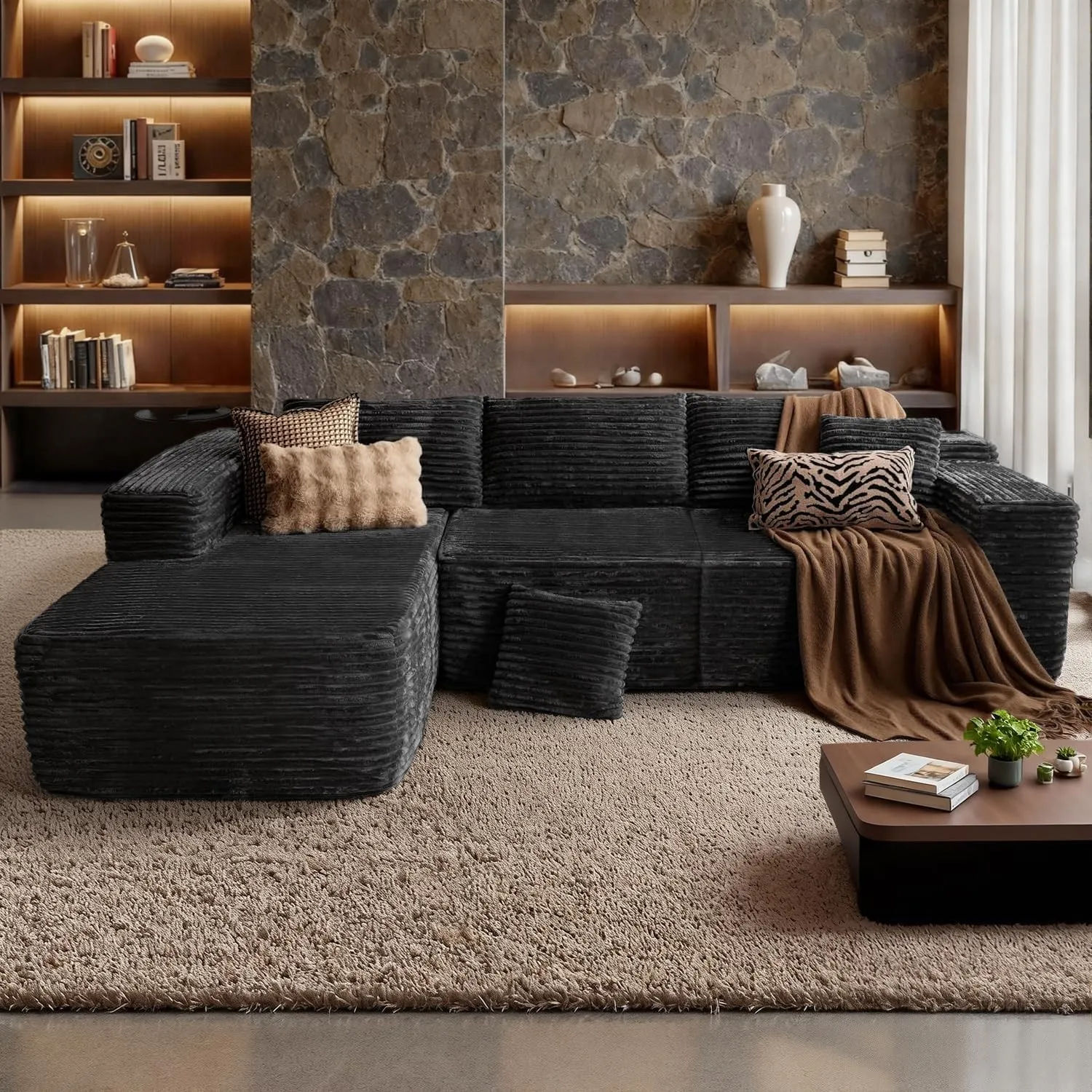 Modulares L Form Ecksofa mit Schlaffunktion 282cm Schwarz