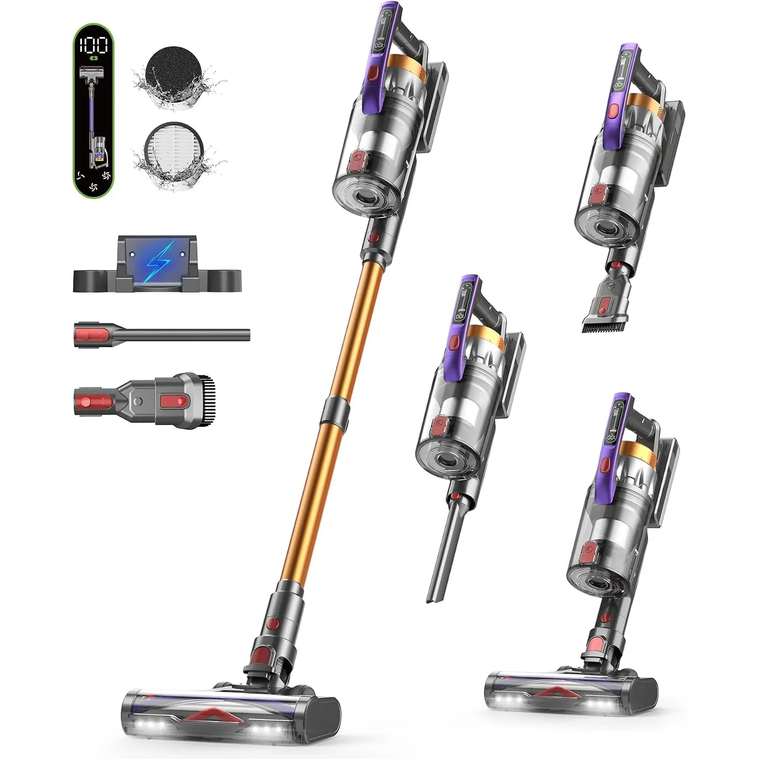 Staubsauger Kabellos 50KPA/600W/75Mins, 1.8L Akku Staubsauger mit LED-Display&Anti-Tangle-Bürste, Selbststehend, Ultral…