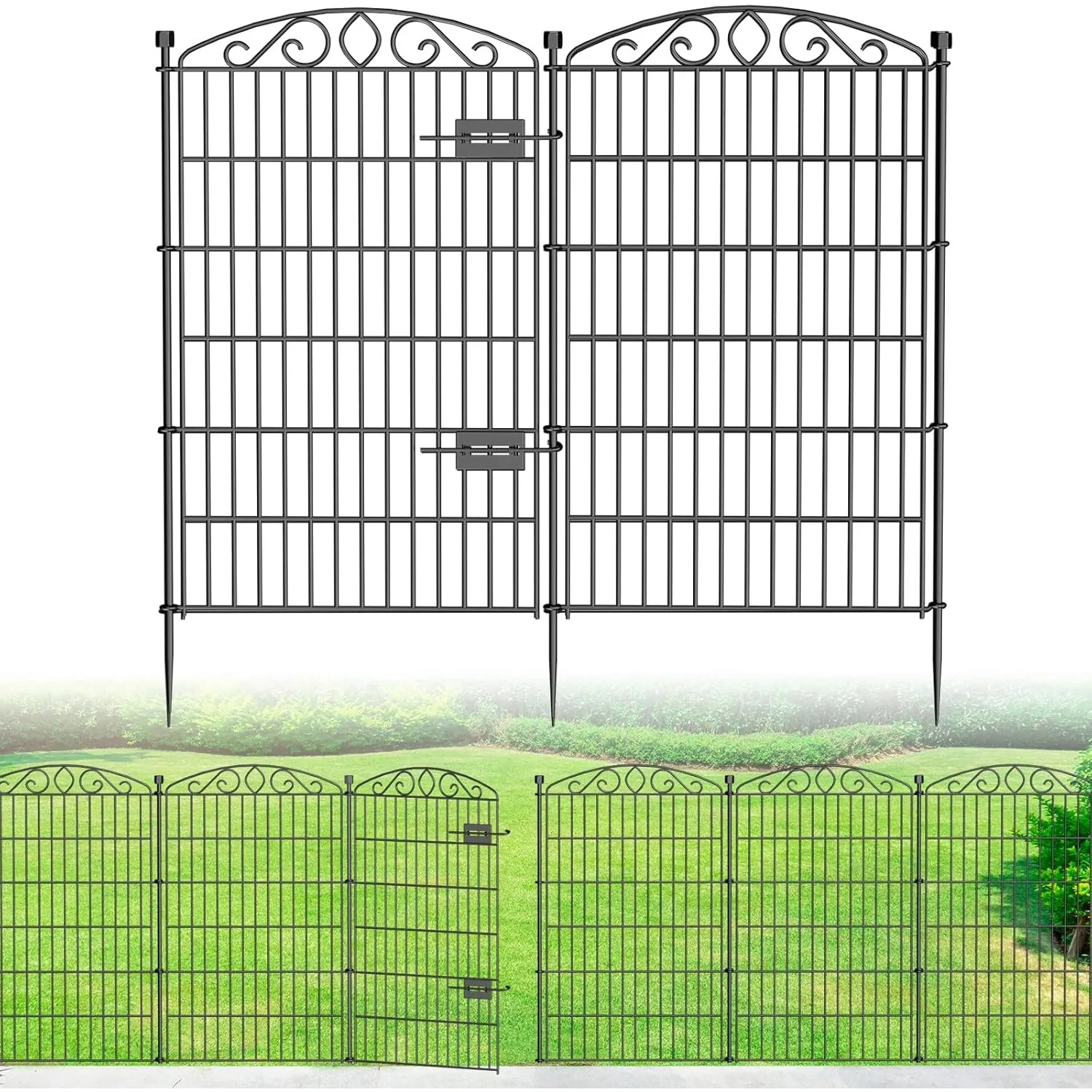 12-teiliger dekorativer Gartenzaun ohne Graben mit Tür – 107 cm hoch / 8.1 m lang. Hoher Metall Tierbarriere für Hunde …