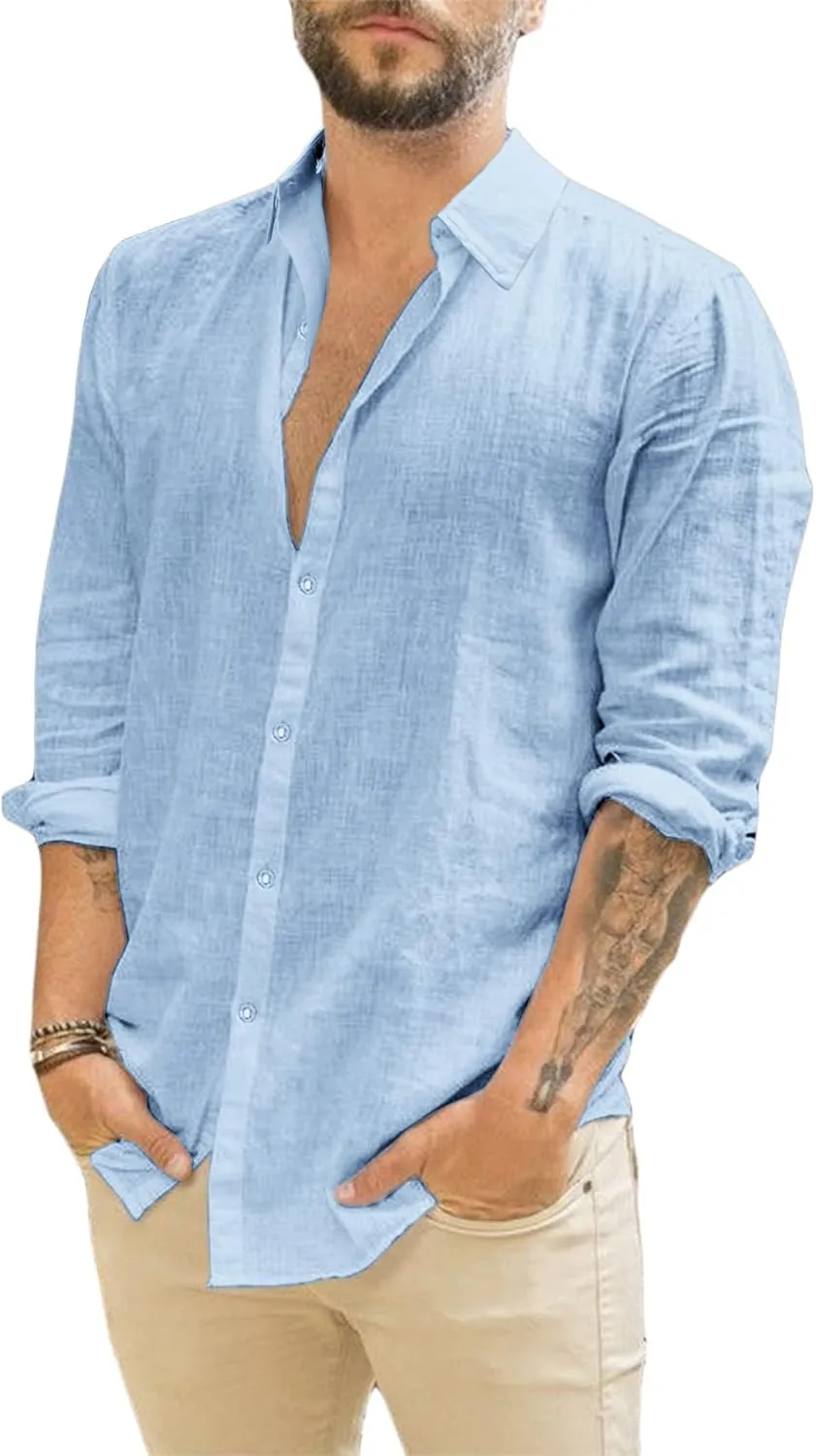 Runcati Herren Langarm Leinenhemd Umlegekragen Hemd Business Freizeithemd Sommer Shirt