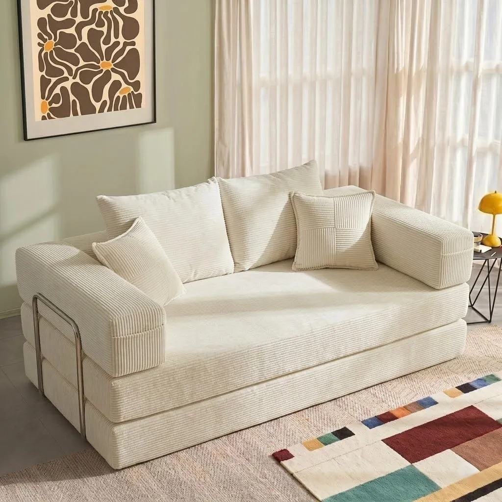 YINIX Cordstoff Schlafsofa 200cm, 5-in-1 Faltbares 3-Sitzer Bodensofa mit Metallrahmen, Modulares Gästebett aus hochdic…