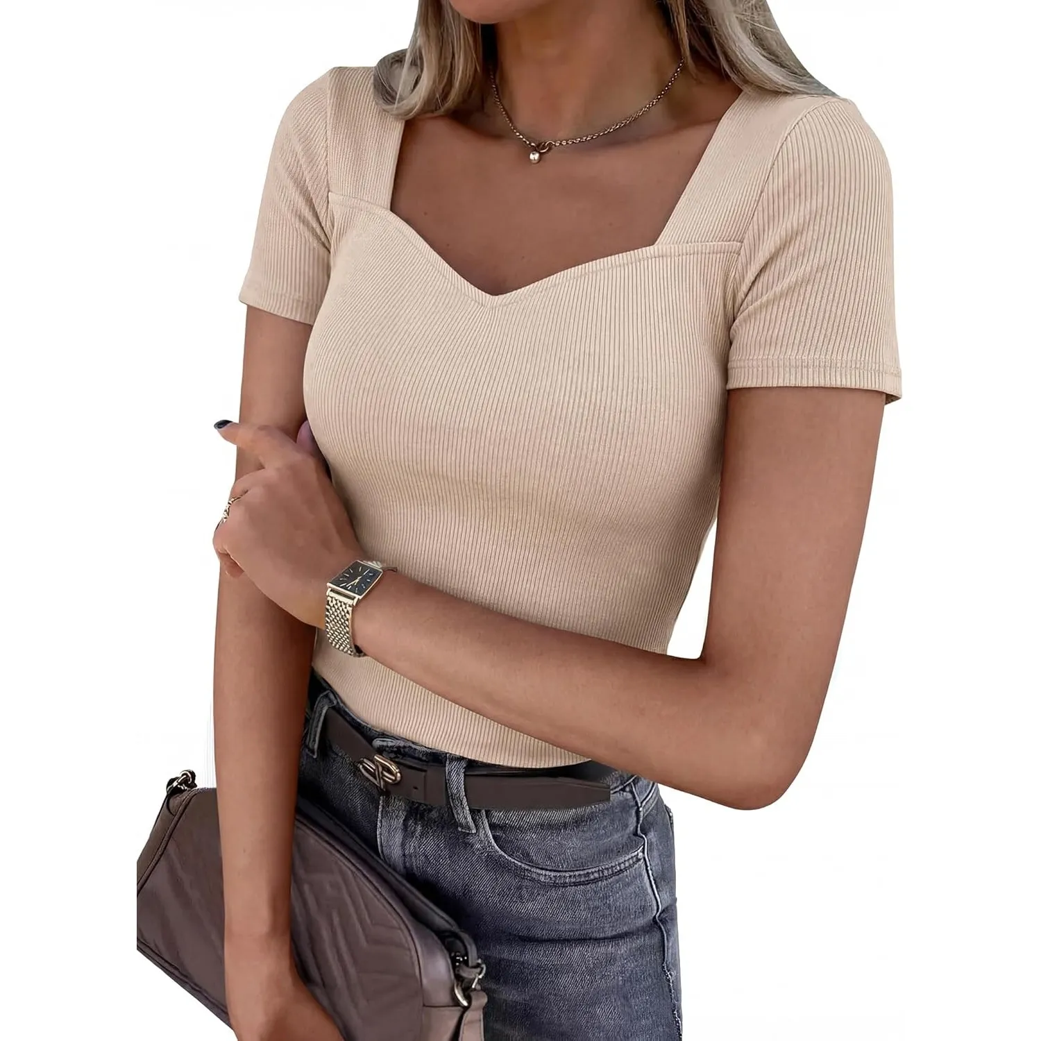 Aottori T-Shirt Damen V-Ausschnitt Kurzarm Oberteile Sommer Tshirt Elegant Basic Gerippt Tee Shirts Slim Fit Stretch Ei…