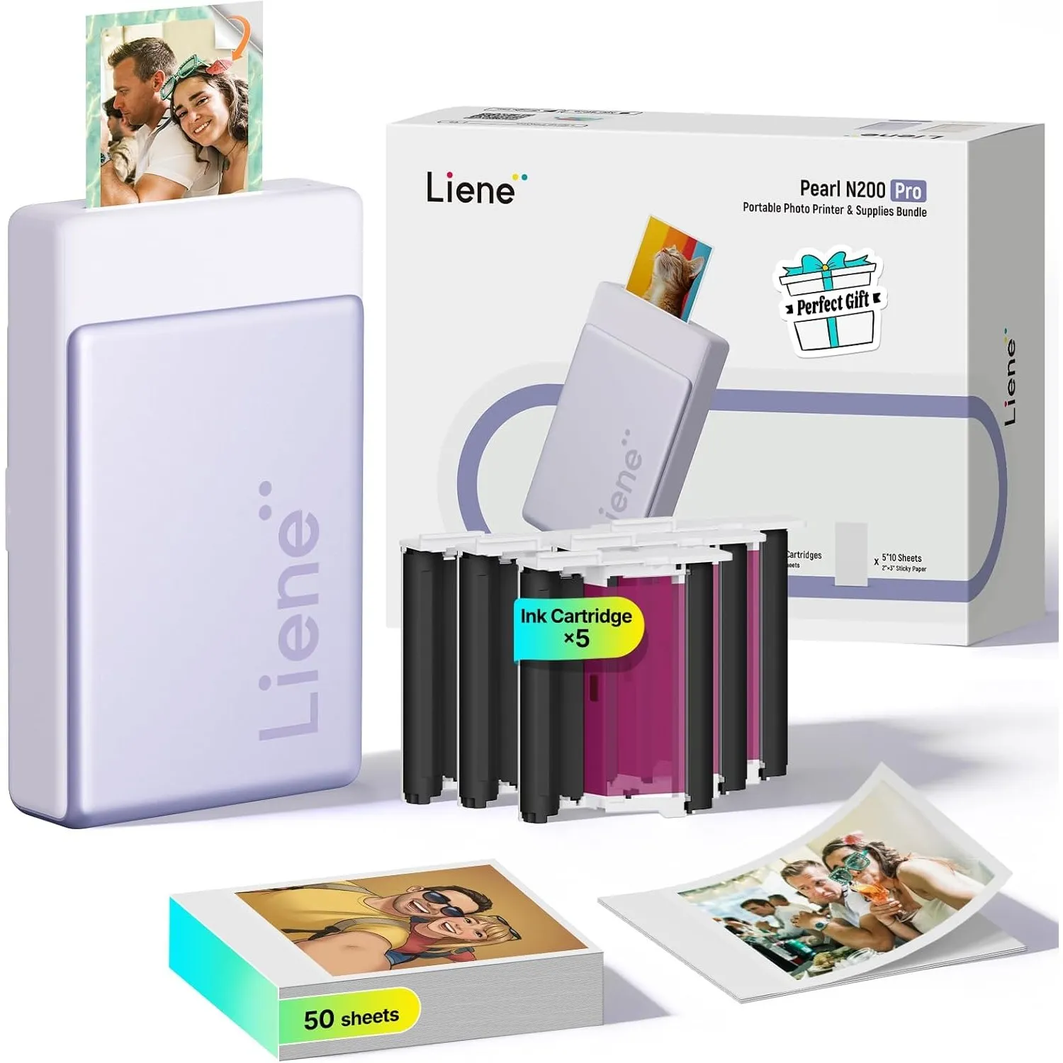 Liene Pearl N200 Pro Tragbarer Mini Fotodrucker mit Farbsublimation – Inkl. 50 selbstklebende Fotos (5x7,6 cm) & 5 Farb…