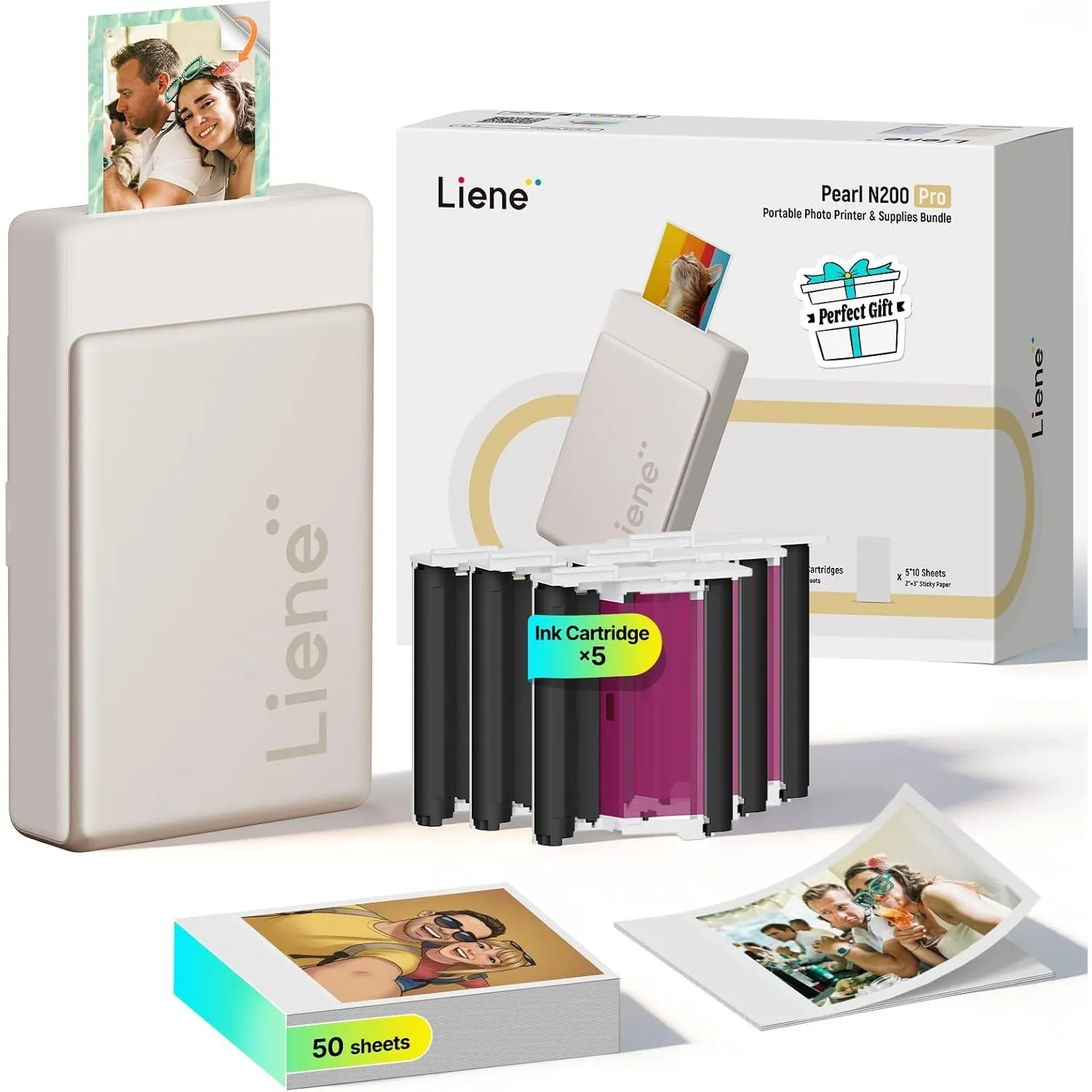 Liene Pearl N200 Pro Tragbarer Mini Fotodrucker mit Farbsublimation – Inkl. 50 selbstklebende Fotos (5x7,6 cm) & 5 Farb…