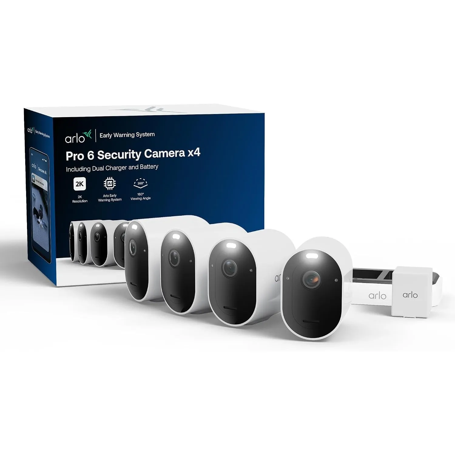 Arlo Pro 6 2K HDR Kamera Aussen, 4er-Set mit Zusatzakku & Dual-Ladestation