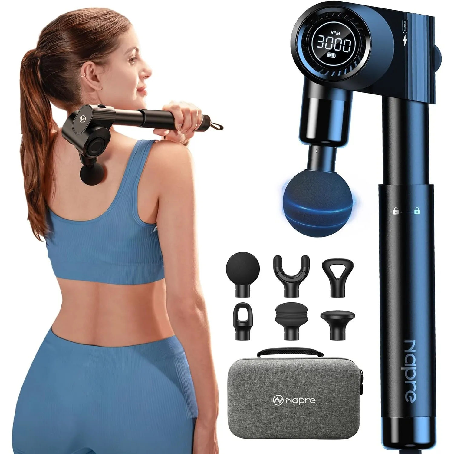 Massagepistole,Napre Faltbare Massage Pistole Massage Gun mit Verlängerungsgriff und Einstellbaren Winkeln,Muskel Percu…