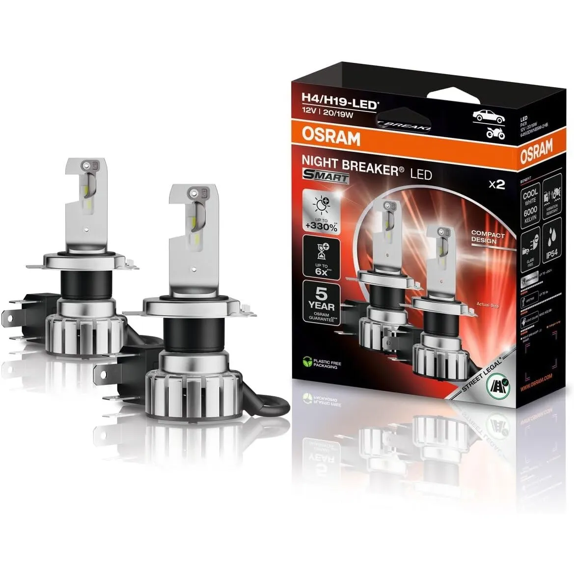 Osram NIGHT BREAKER LED SMART H4/H19; bis zu 330% mehr Helligkeit; 6000K, 12V, LED-Fern- und Abblendlicht mit Straßenzu…