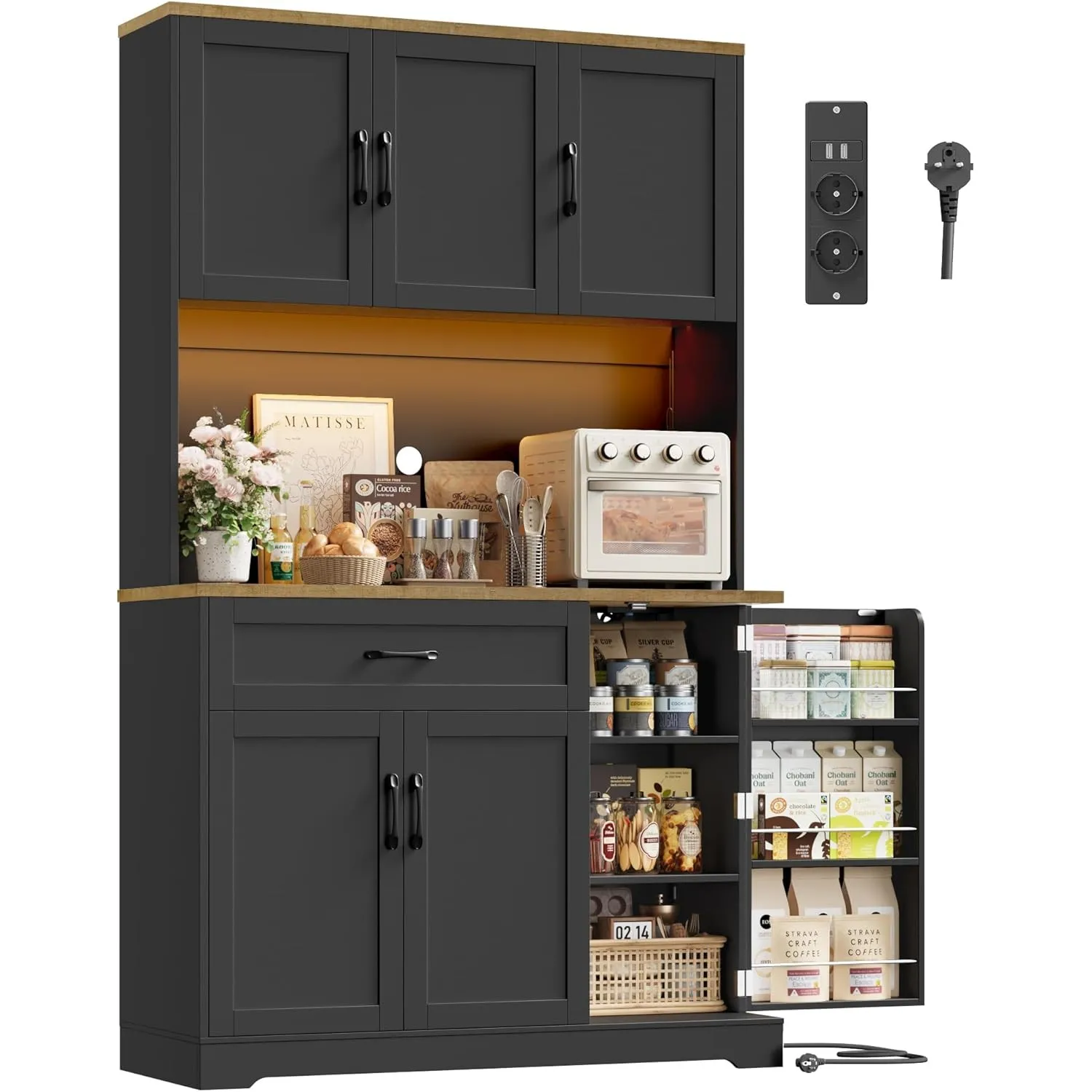 FirFurd Küchenschrank, Buffetschrank mit LED, Gewürzregal, Steckdosenleiste