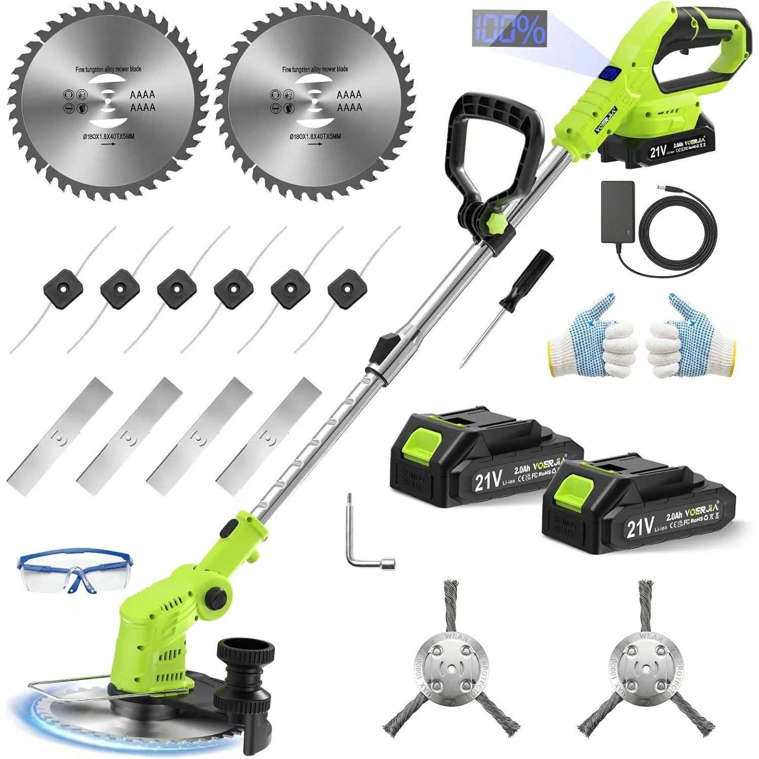 VOERJIA Rasentrimmer Akku 21V mit 2 Akkus und Ladegerät, Freischneider Akku 24000U/min mit LCD-Anzeige, Akkurasentrimme…
