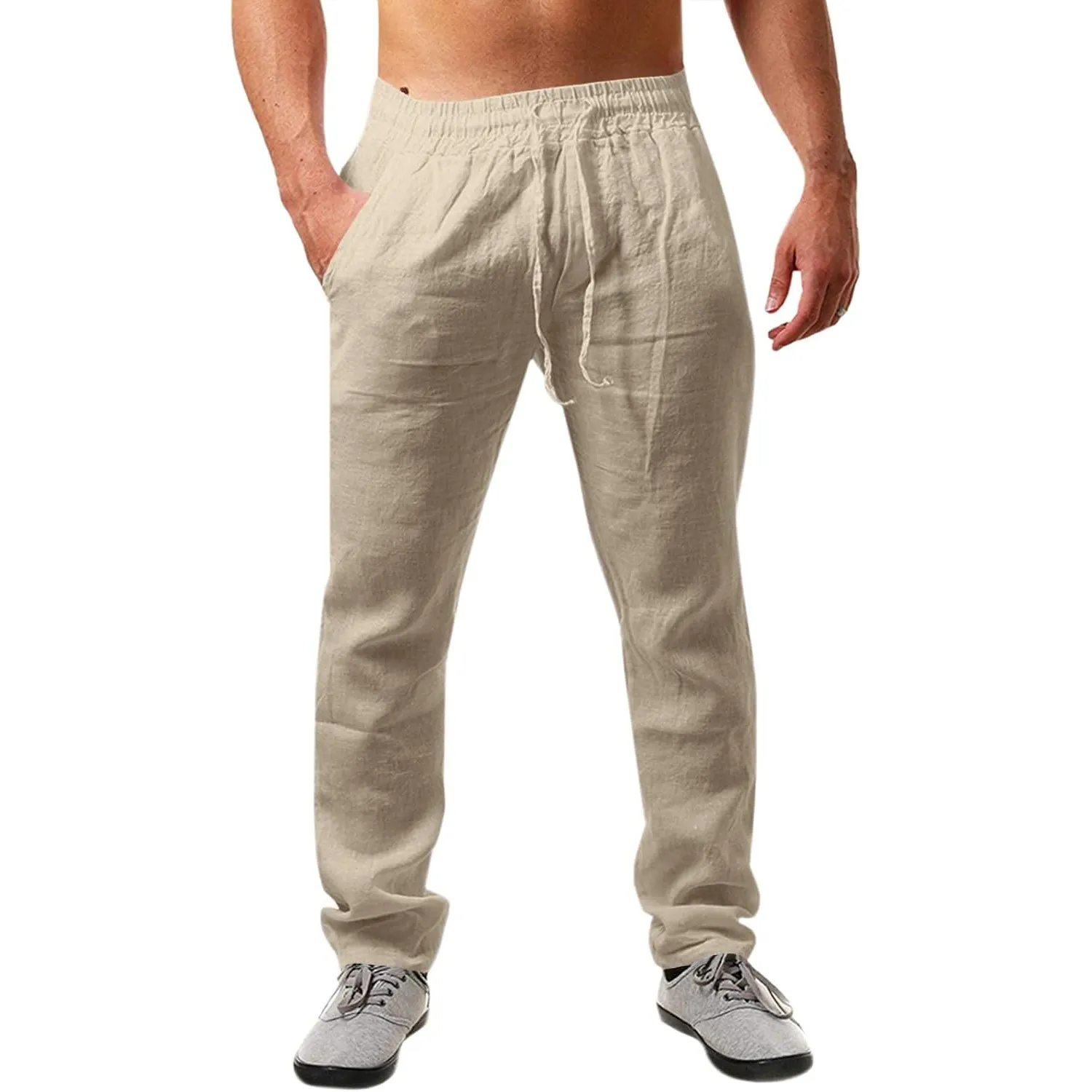 Runcati Herren Leinenhose Lang Sommerhose mit Kordelzug | Loose Fit, Baumwolle, Leinen, Freizeithose, Einfarbiges, Leic…