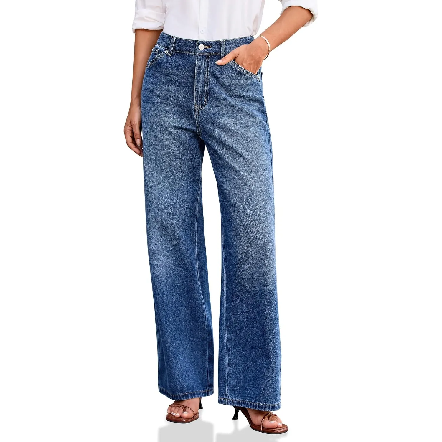Cicy Bell Damen Jeans Baggy Weitem Bein Jeanshosen Mittlere Taille Denim Boyfriend Hosen mit Taschen