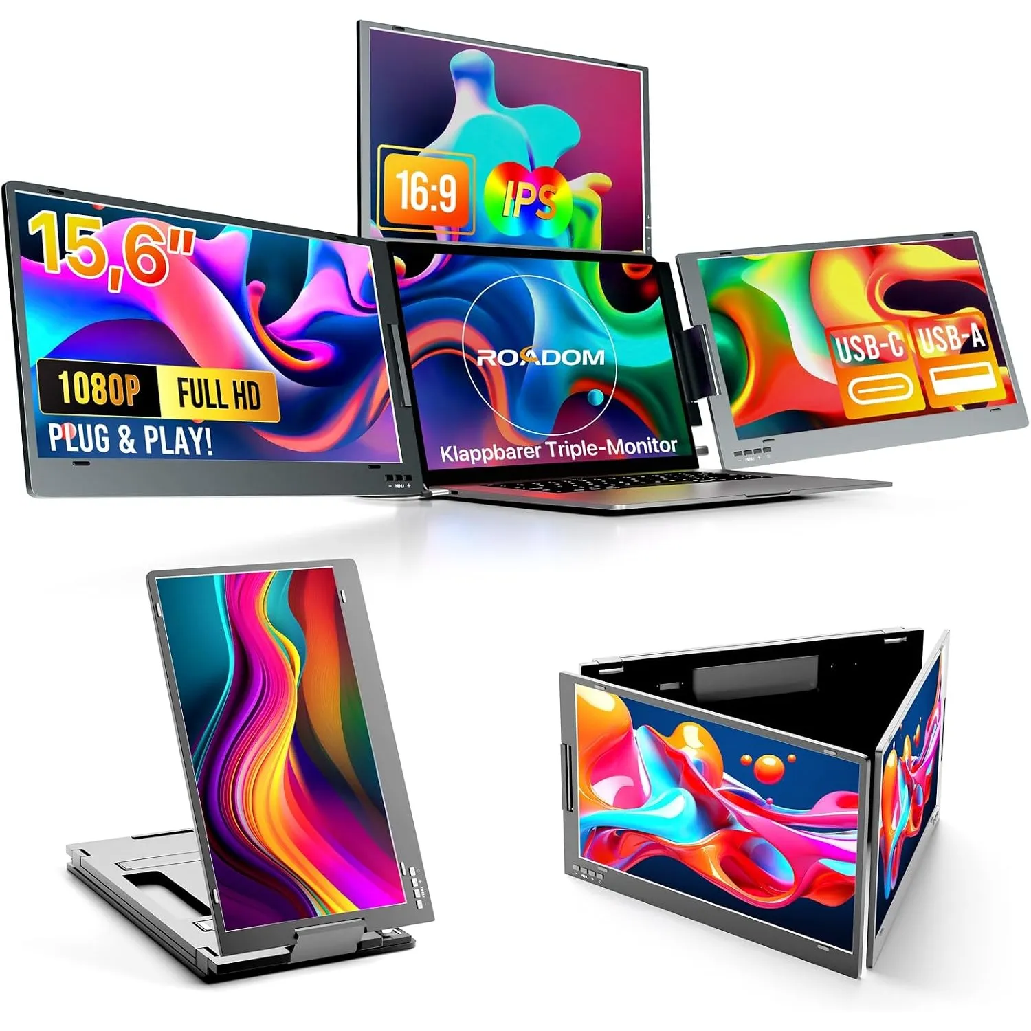 ROADOM 15,6" Triple Laptop Monitor, 1080P FHD IPS, Type-C, Metallgehäuse