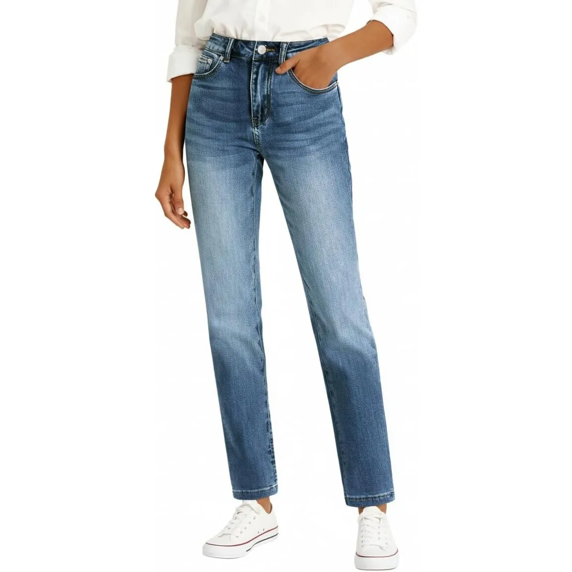 Cicy Bell Damen Jeans Straight Fit Jeanshosen Mittlere Taille Denim Skinny Hosen mit Taschen