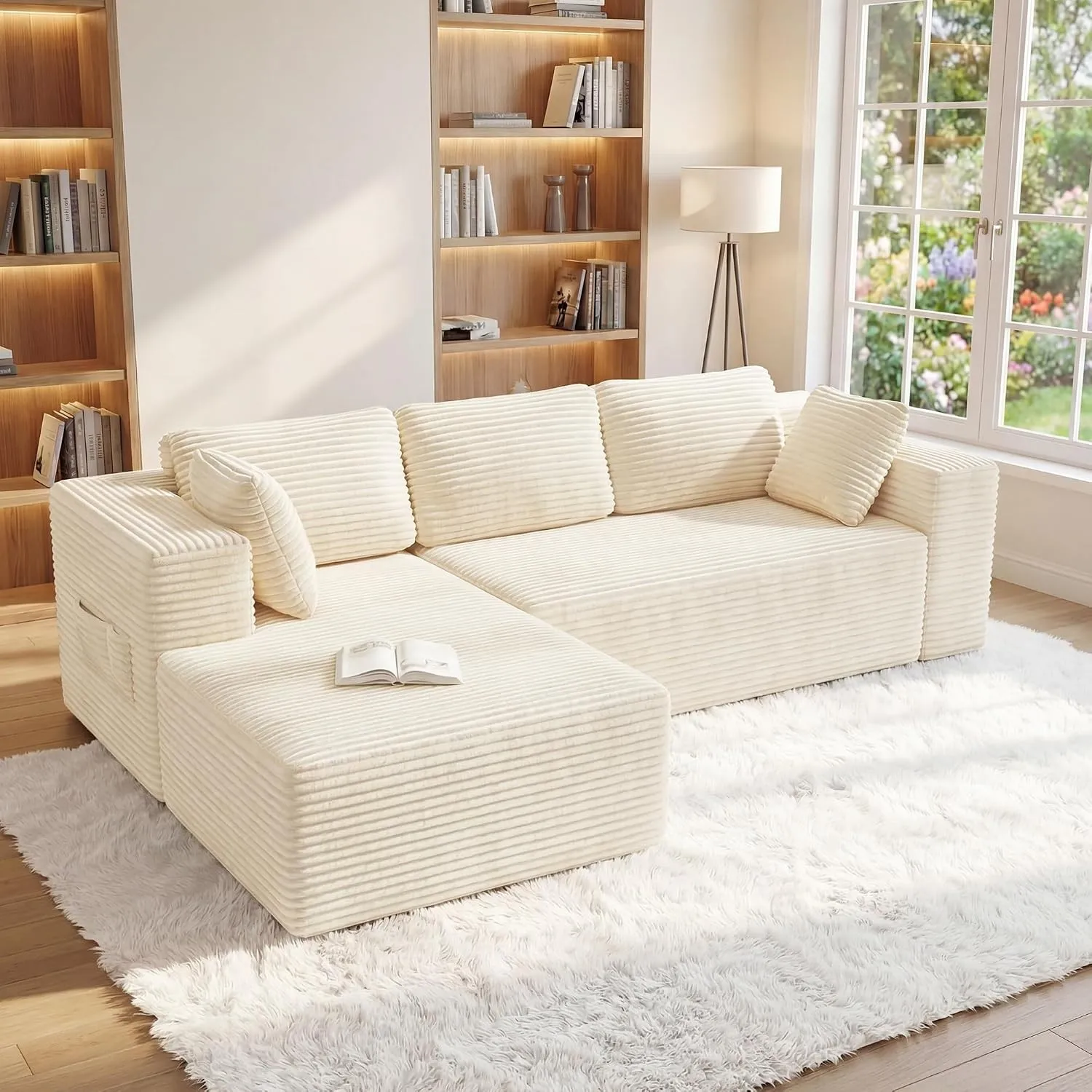 Xbro 3-Sitzer-Sofa in L-Form aus Cordsamt, modernes Sofa für Wohnzimmer mit Kissen und Seitentaschen, Schaumstoff 30D m…