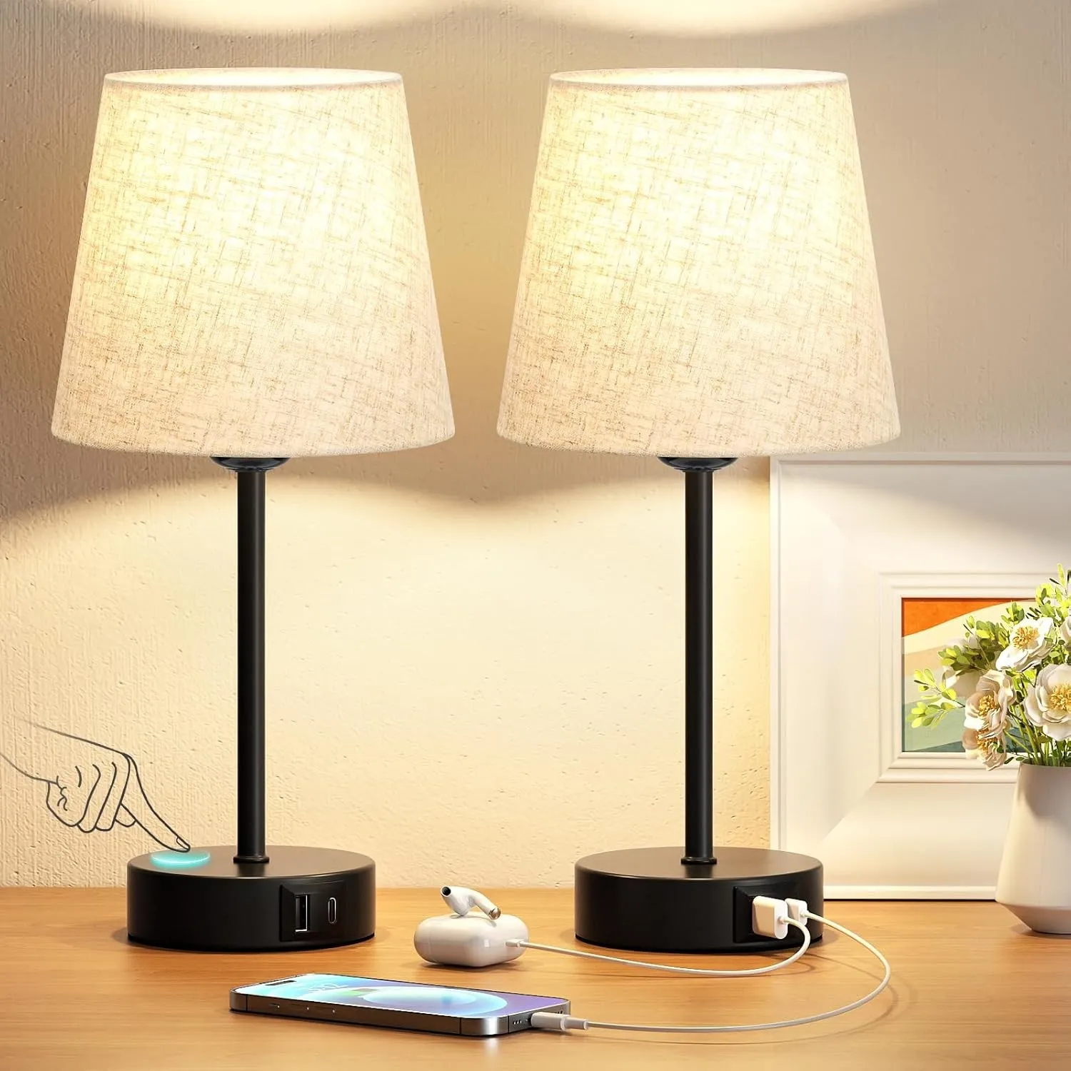 Nachttischlampe Touch Dimmbar 2er Set, Tischlampe mit Ladefunktion USB A+C-Anschlüssen 2 LED Birnen, Leinen-Lampenschir…