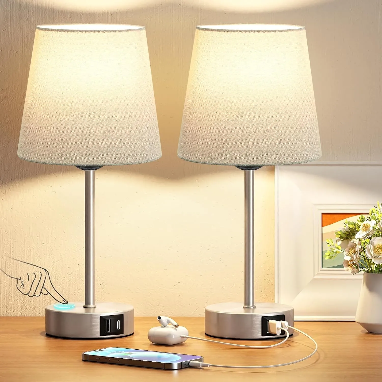 Nachttischlampe Touch Dimmbar 2er Set, Tischlampe mit Ladefunktion USB A+C-Anschlüssen 2 LED Birnen, Graue-Lampenschirm…