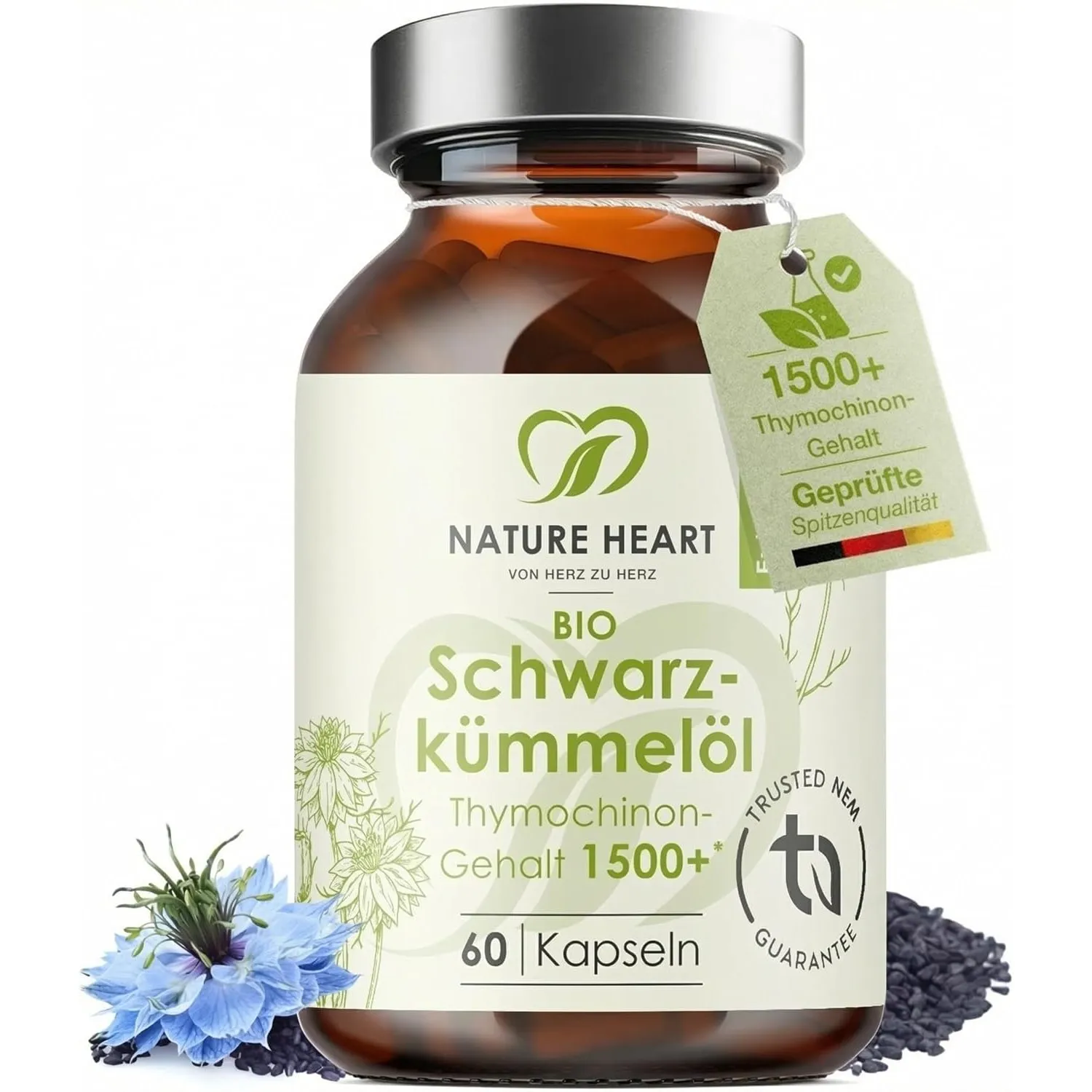 Nature Heart Bio Schwarzkümmelöl 60 Kapseln – 1500+ Thymochinongehalt – hochdosiert, kaltgepresst, vegan – naturreines …