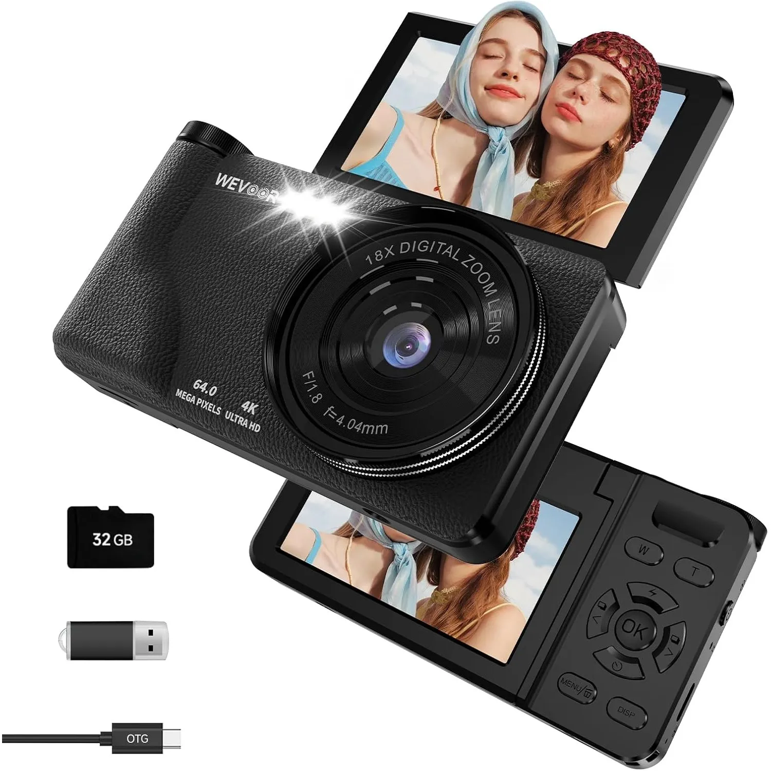 Digitalkamera 64MP 4K, Wevoor Kompaktkamera mit 3" 180° Flip Screen, 2000mAh Akku, 32GB Karte, Autofokus & 18X Digitalz…
