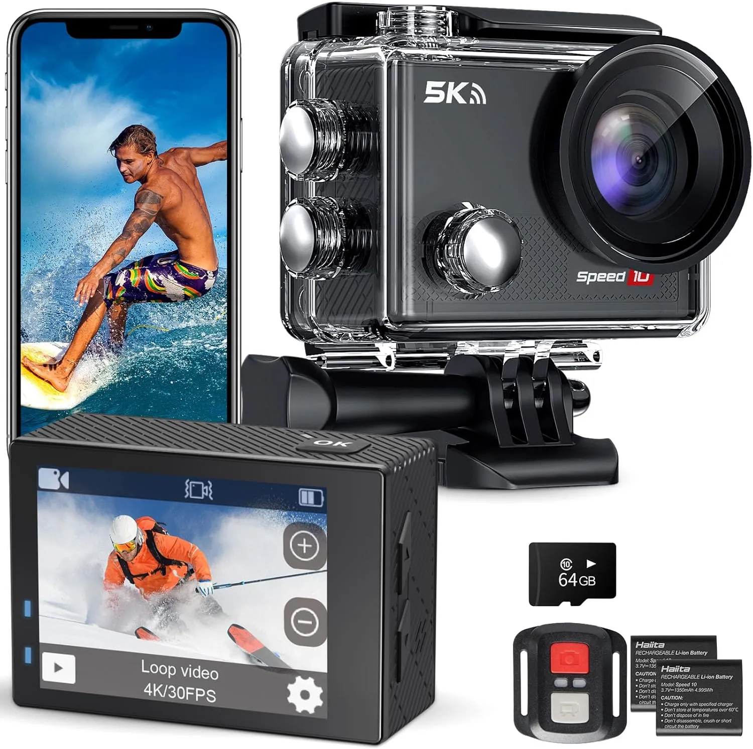 Speed 10 Action Cam, 5K30FPS 30MP Action Cam, 40 m wasserdichte Unterwasserkamera, WLAN, 170° Ultraweitwinkel, Ice Acti…