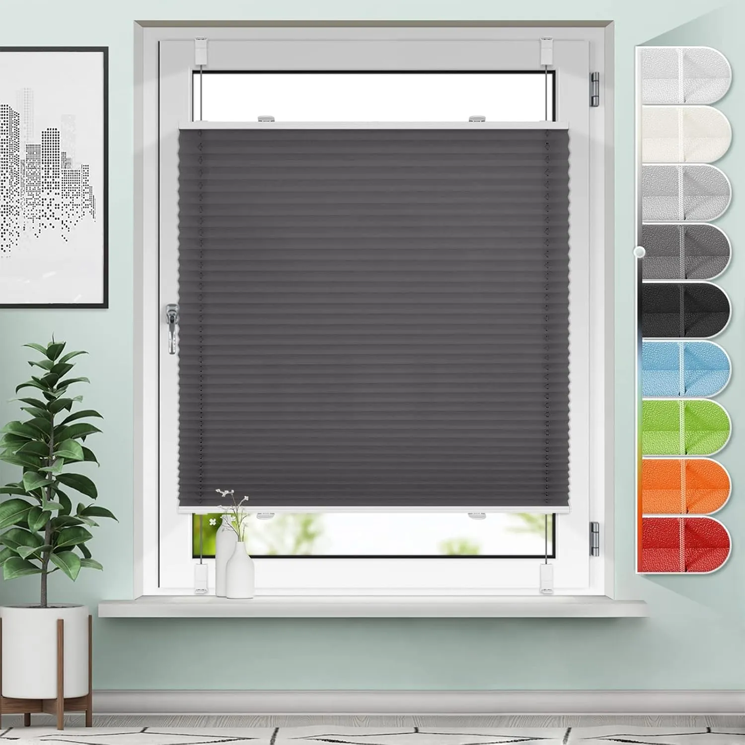 Sanfree Plissee Klemmfix ohne Bohren Anthrazit B115 x H120cm Jalousie Faltrollo Sichtschutz und Sonnenschutz Plisseerol…