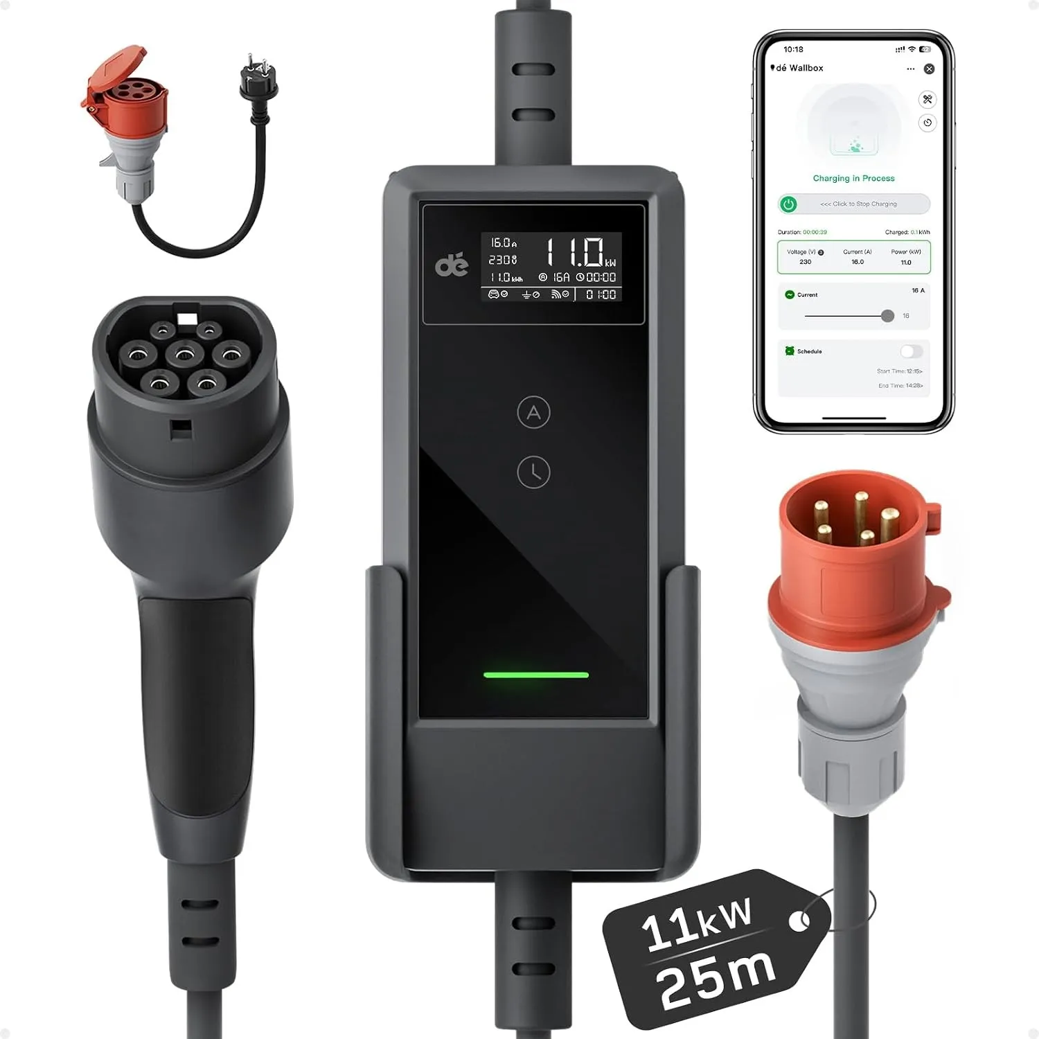 dé Mobile Wallbox 11kW mit APP [25m | 3-phasig | 6–16 A] | Ladekabel e Auto CEE-16A 400V auf Typ 2 mit Einstellbarer La…