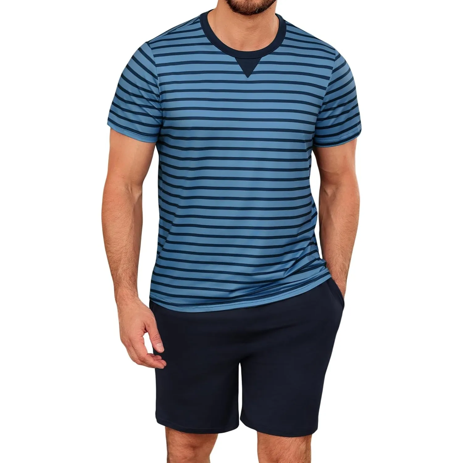 Schlafanzug Herren Kurz aus Baumwolle mit Kontraststreifen Design, Sommer Pyjama Set Oberteile und Kurze Hosen für Vate…