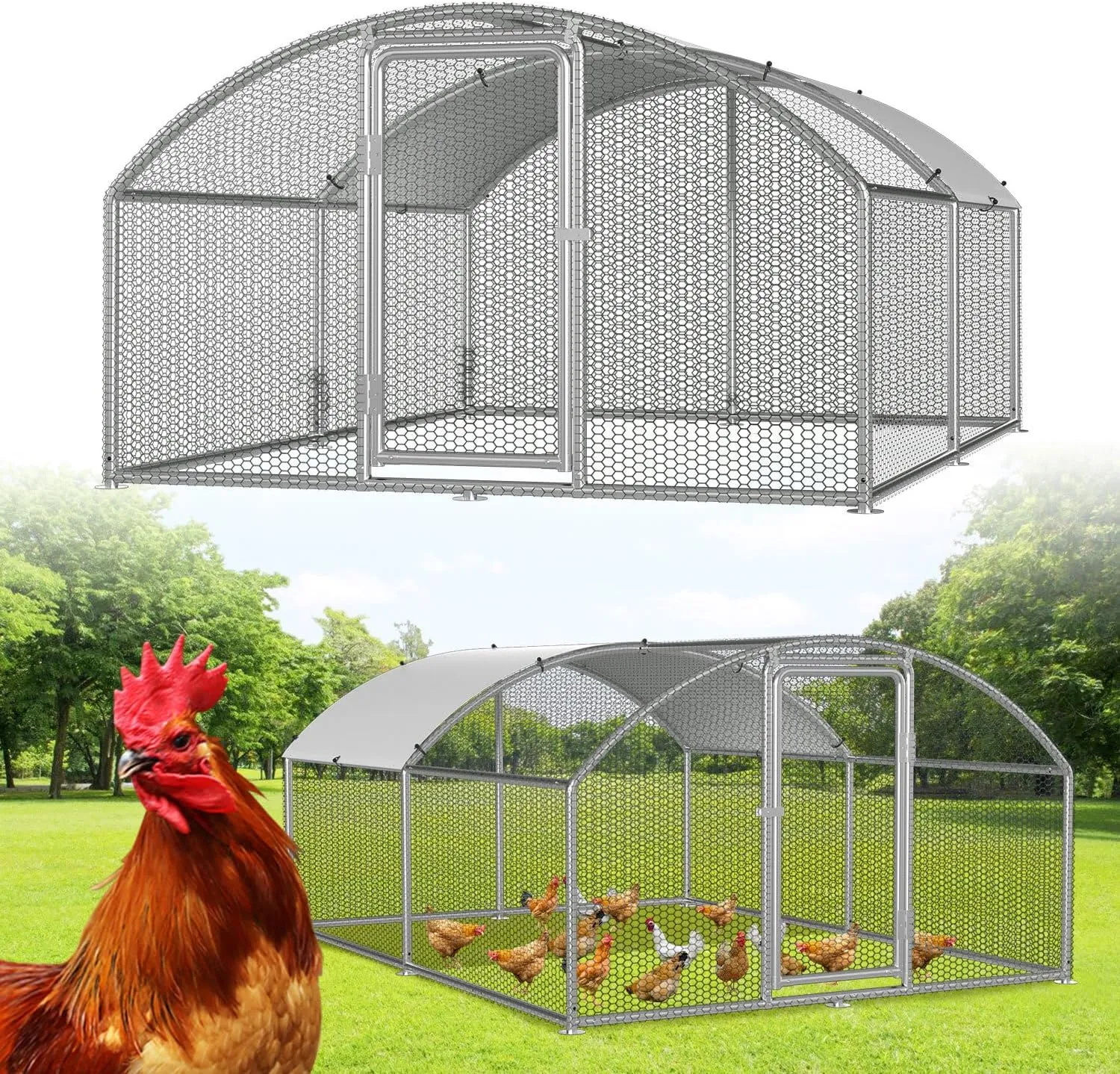 Freilaufgehege 3x4x2m – Begehbarer Hühnerstall Bogenaufsatz Metall Freigehege, Hühnerkäfig Kleintierstall Voliere mit D…