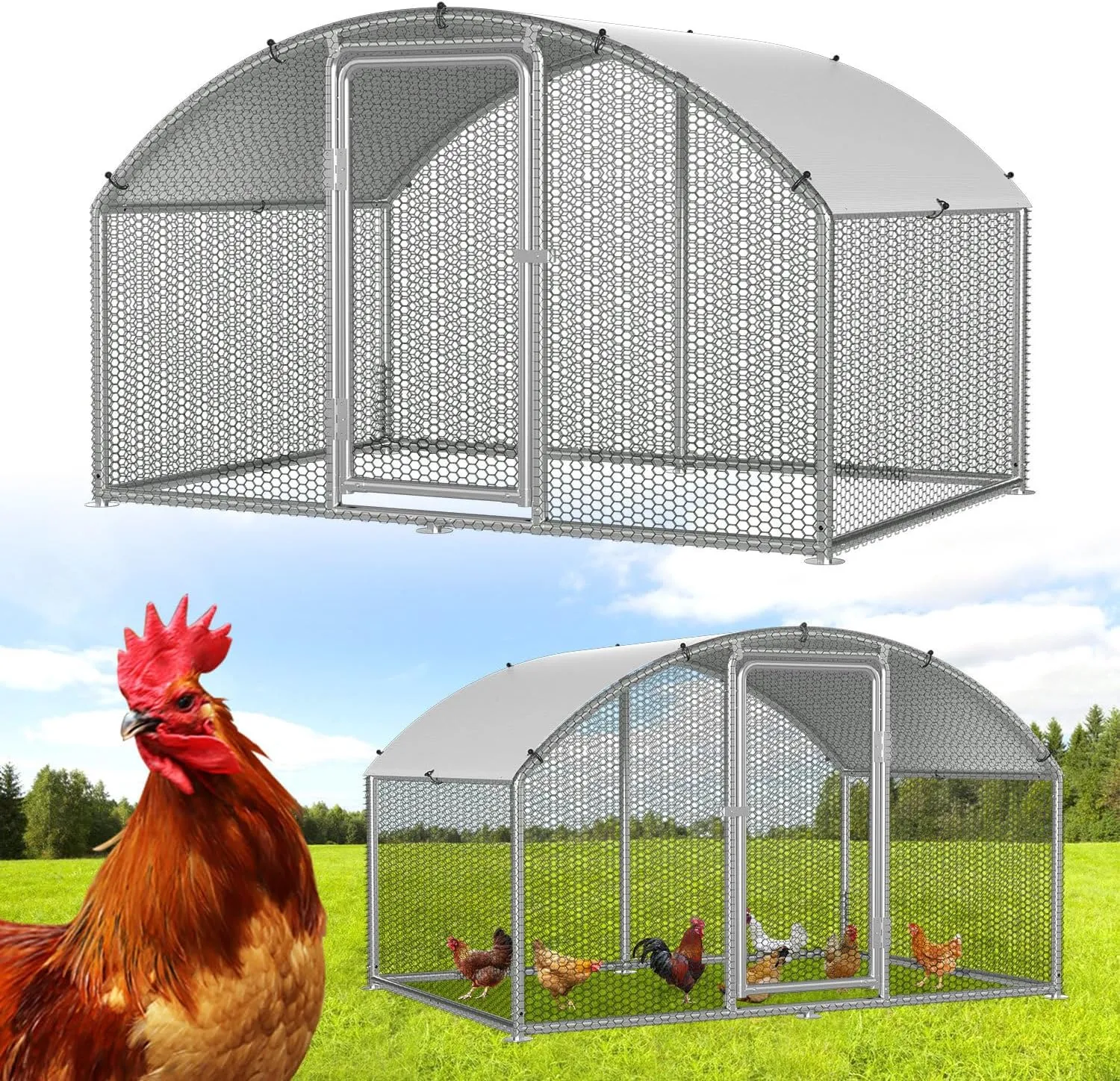Freilaufgehege 3x2x2m – Begehbarer Hühnerstall Bogenaufsatz Metall Freigehege, Hühnerkäfig Kleintierstall Voliere mit D…