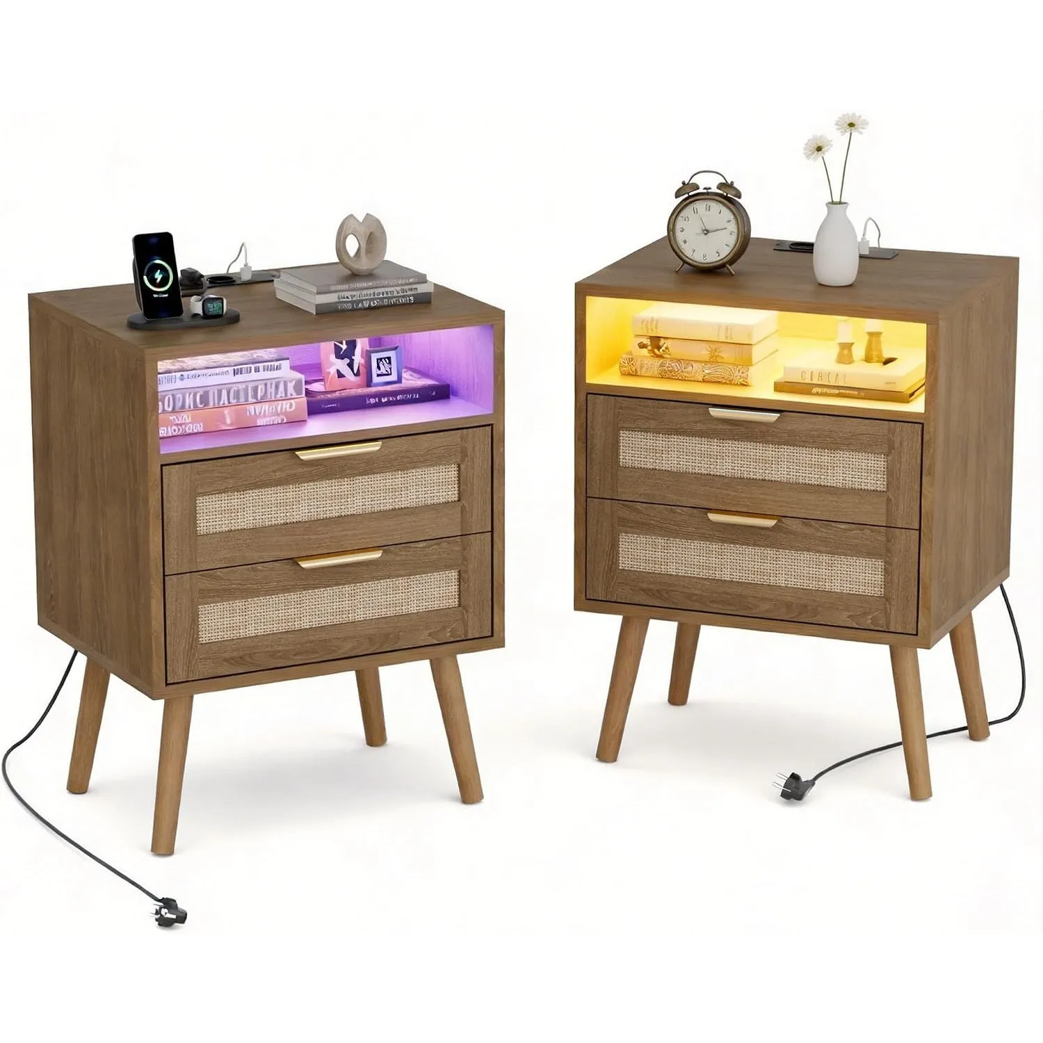 BonVache Nachttisch 2er Set, Natur‑Rattan und Massivholzbeine, Braun