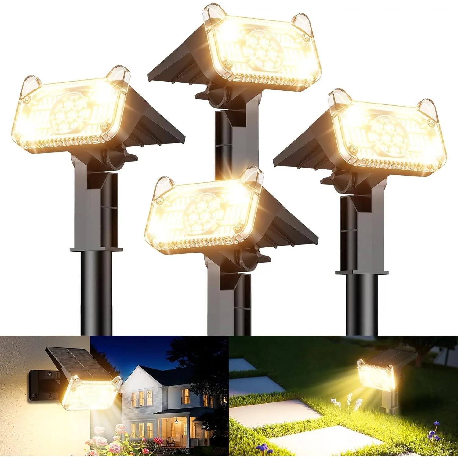 GEARLITE Solarlampen für Außen Garten 4Pack, 6500K Warmweiß Solar Strahler mit 68 LED Auto On/Off, IP65 Wasserdicht Gar…