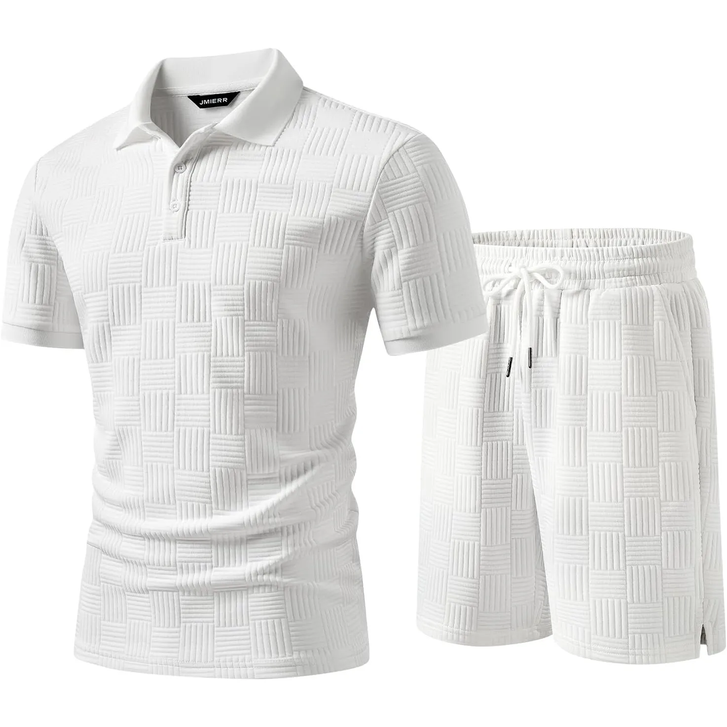 JMIERR Jogginganzug Herren Set 2-Teiliger Sommer Trainingsanzug Casual Textured Poloshirt Herren mit Baggy Shorts Freiz…