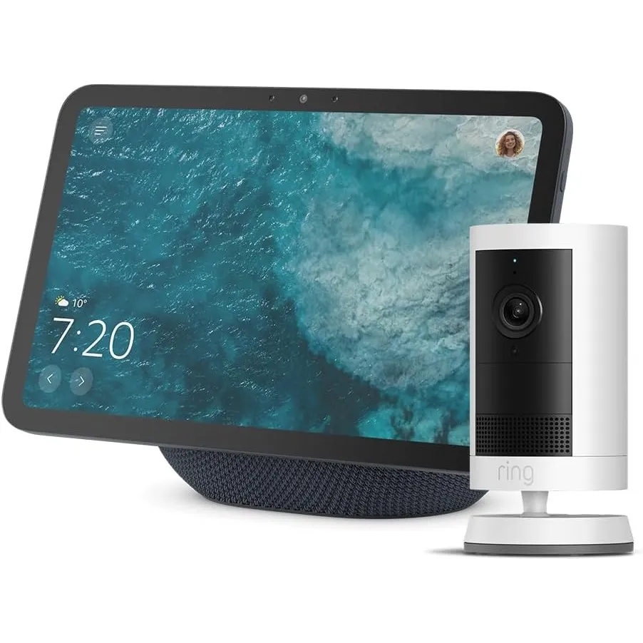 Amazon Echo Show 8 (neueste Gen.), Graphit + Ring Außenkamera Plus Akku, Weiß, Garten auf dem Echo Show sehen, Alexa+ E…