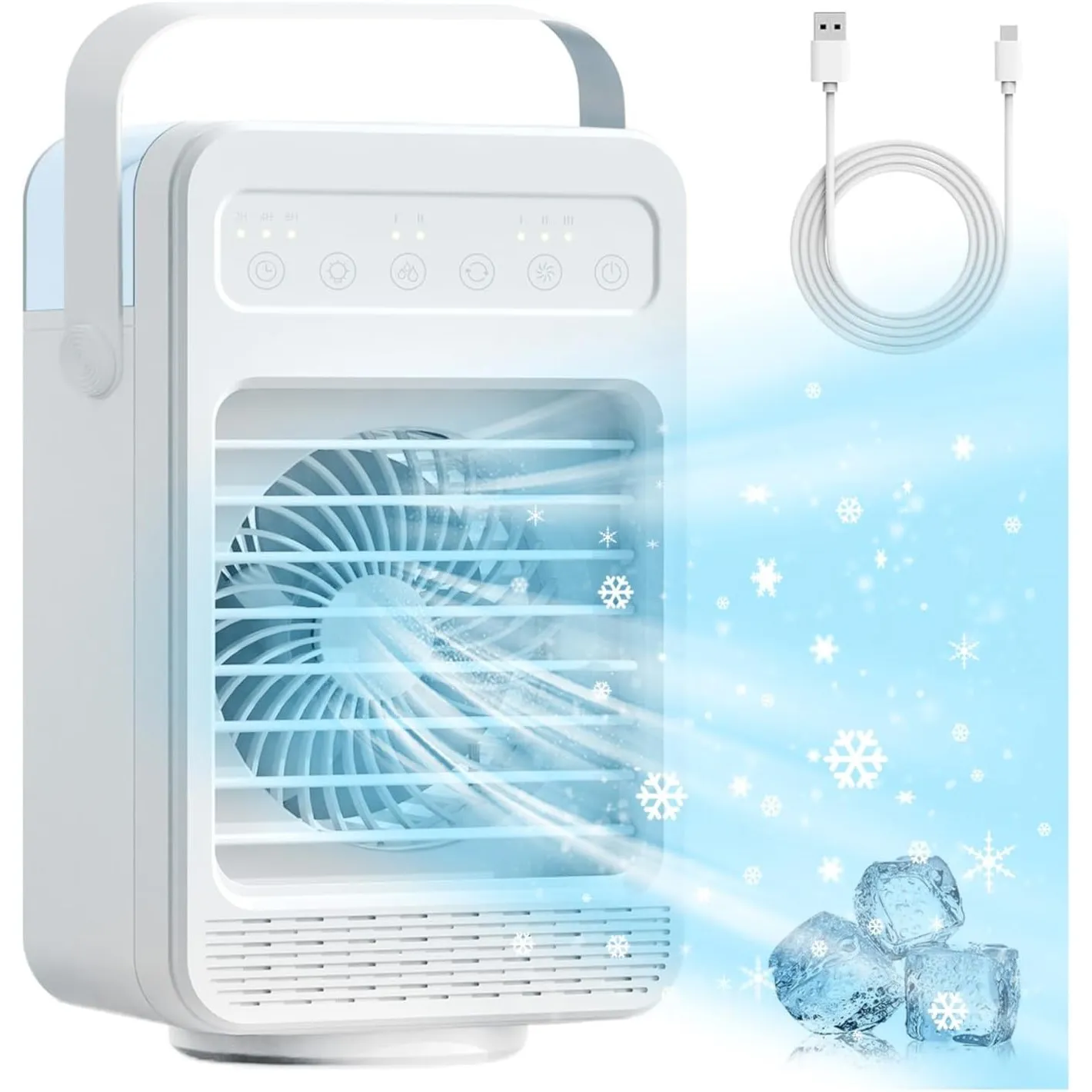 Mini Klimaanlage für zimmerl, 4-in-1 USB Klimaanlage Klein, Mini Luftkühler mit Wasserkühlung,600ml Wassertank, 3 Windg…