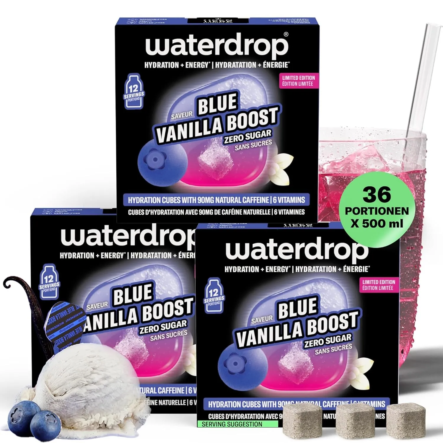 waterdrop® Microenergy Blue Vanilla – 36 Waterdrop Drops Würfel mit 90mg natürlichem Koffein – Energy Drink Getränkepul…