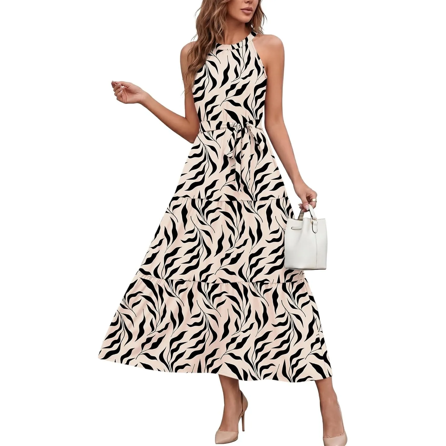 AUSELILY Damen Sommerkleid Lang Ärmellos Maxikleid Mit Taschen und Gürtel