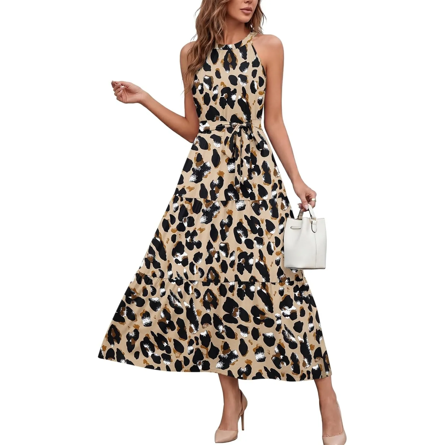 AUSELILY Damen Sommerkleid Lang Ärmellos Maxikleid Mit Taschen und Gürtel