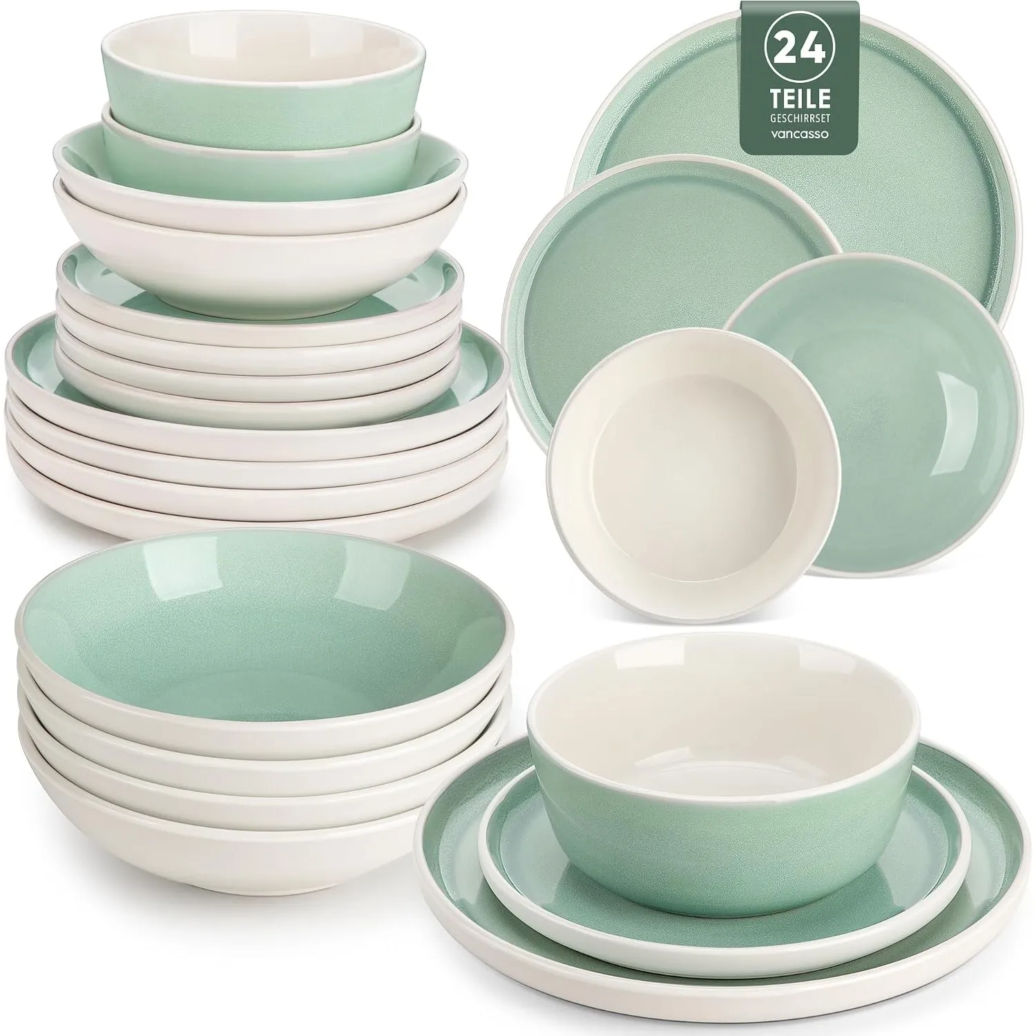 Tafelservice 6 Personen, vancasso ELBA 24tlg Geschirrset Steingut, modernes Geschirr Türkis Schüssel- und Teller Set, E…