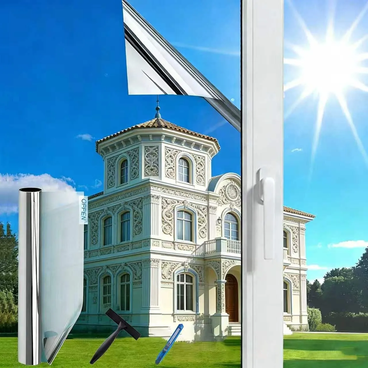 (60X200cm Silber) Fensterfolie Sonnenschutz Hitzeschutz innen oder außen | Rückstandslose Spiegelfolie Fenster Hitzesch…