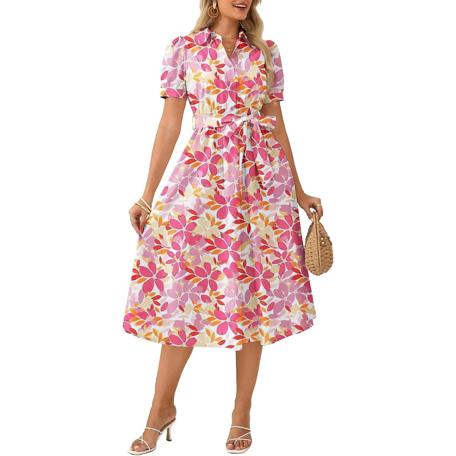 GRACE KARIN Sommerkleid Blumen Leichte Revers Kleid Hochzeitsgast Damen