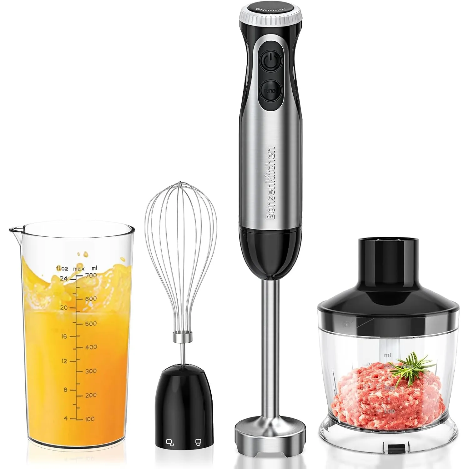 Bonsenkitchen 4-in-1 Stabmixer 1000W, Edelstahl, Stufenlose Geschwindigkeit
