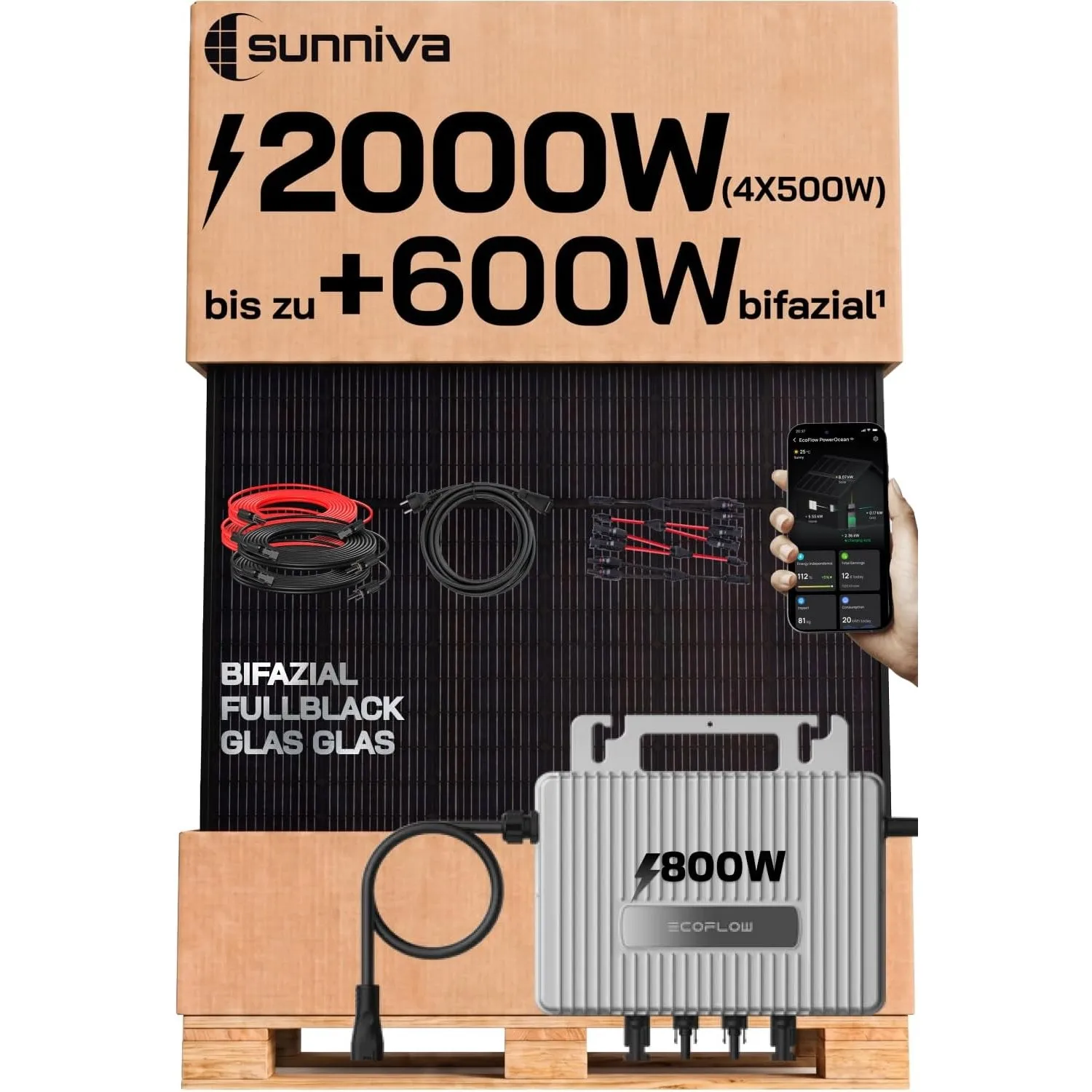SUNNIVA® 2000W Balkonkraftwerk mit 800W Wechselrichter ECOFLOW, BIFAZIAL FULLBLACK komplett Steckdose, PV Solaranlage K…