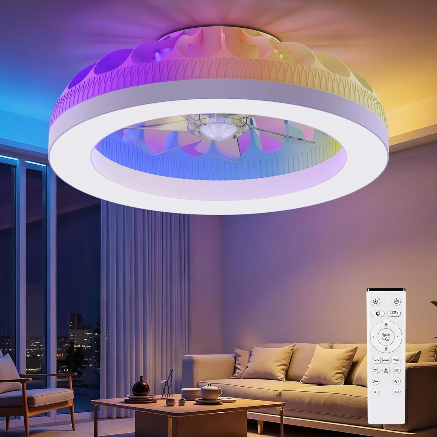 Ateroll Deckenventilator mit Beleuchtung, Ø48CM RGB Deckenventilator mit Licht und Fernbedienung, 6 Windstufen Leise De…
