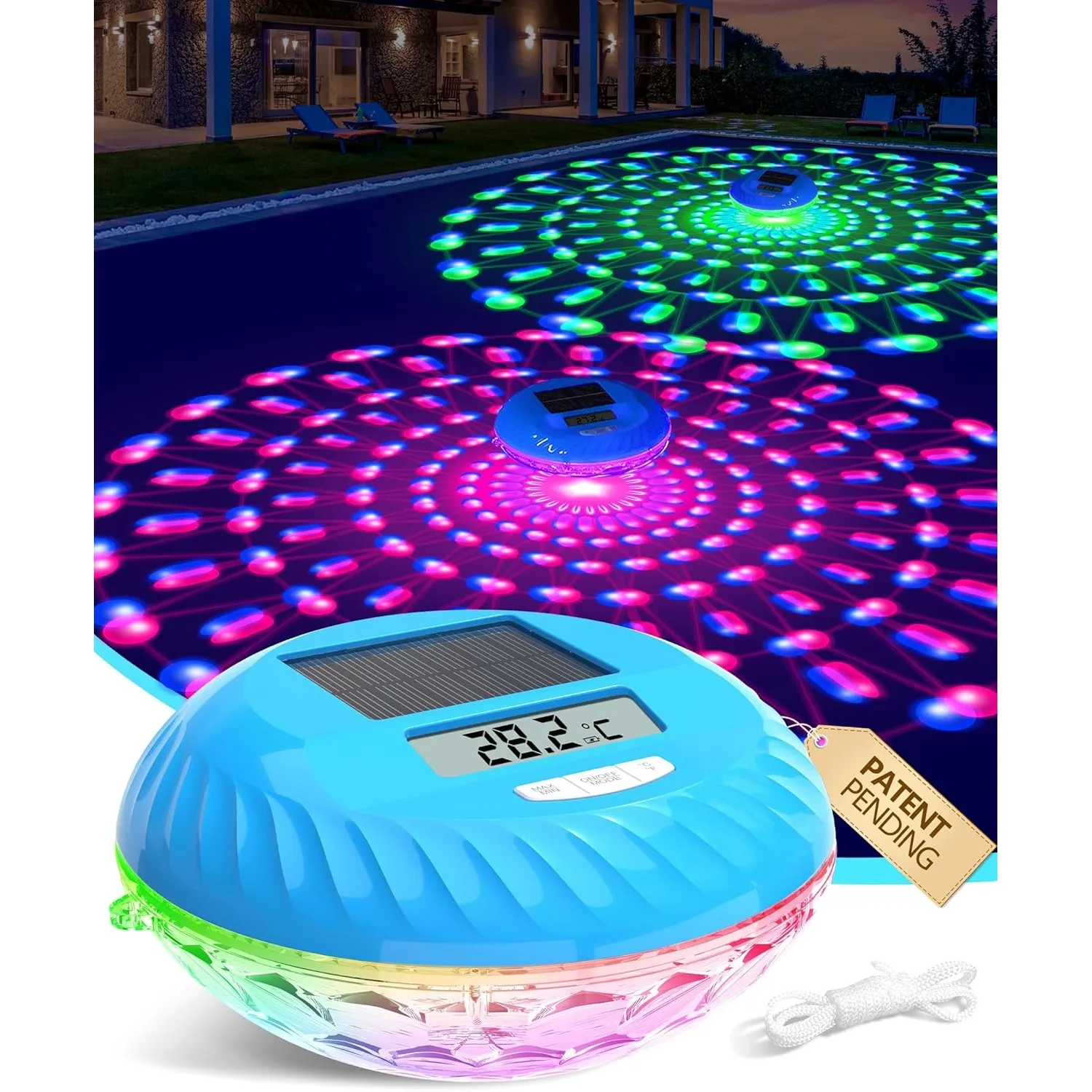 LuxBlue 2 in 1 Poolthermometer Schwimmend und Poolbeleuchtung, Pool Thermometer Solar mit Unterwasser Lichtshow, Ultrap…