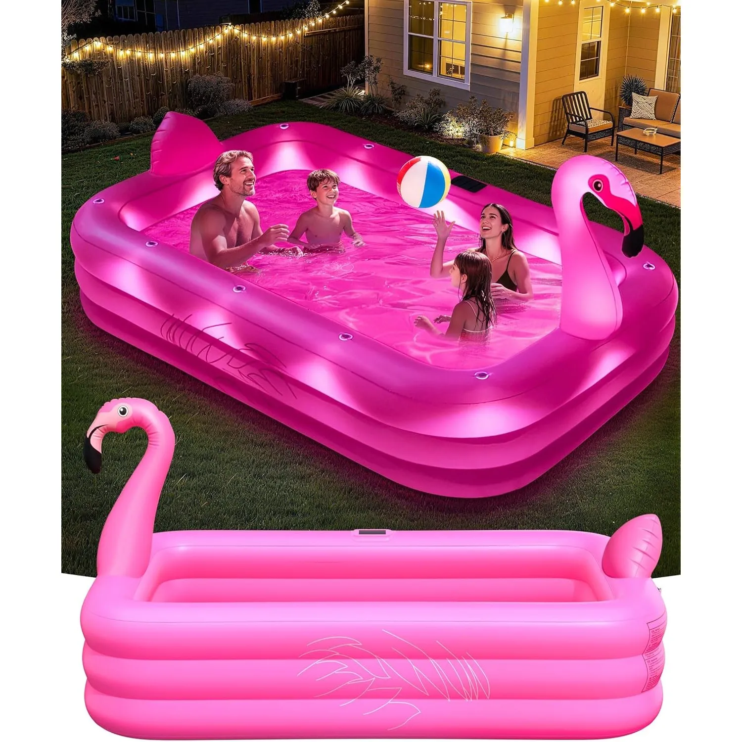 PoolLeader Aufblasbarer Pool Erwachsene, Großes Gartenpool Rechteckig mit Solar Licht, Haltbar Flamingo Planschbecken E…