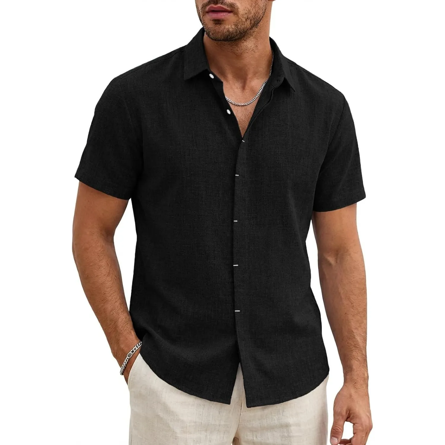 Runcati Herren Leinenhemd Kurzarm Business Sommerhemd Männer | Regular Fit, Leinen, Freizeit, Hemd, Einfarbig, Basic, S…