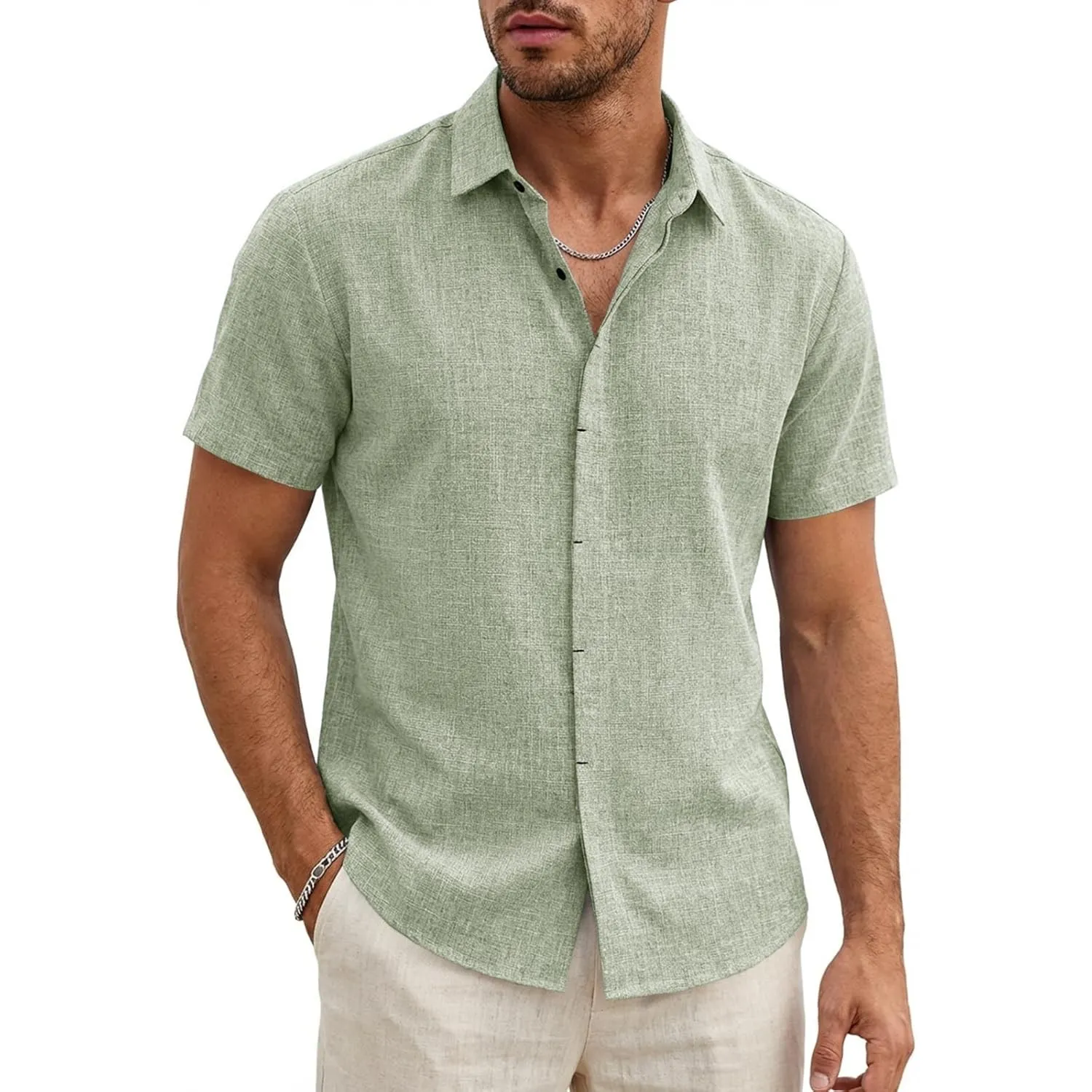 Runcati Herren Hemd Kurzarm Leicht Sommerhemd Männer Regular Fit Leinenhemd Hochzeit Business Strand Freizeithemd Casua…