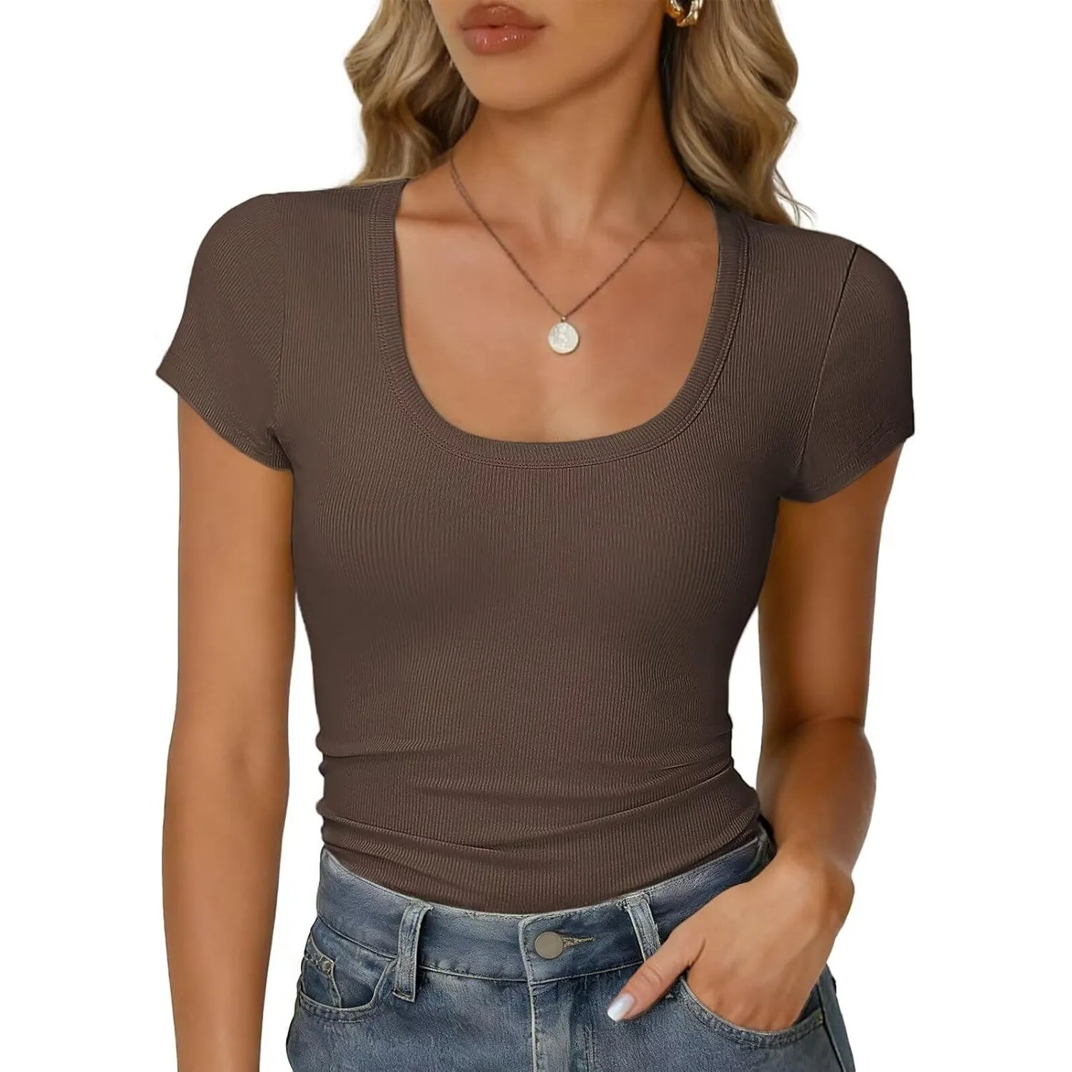 RIROW Damen Sommer T-Shirt V-Ausschnitt Kurzarm Rippstoff Slim Fit Basic