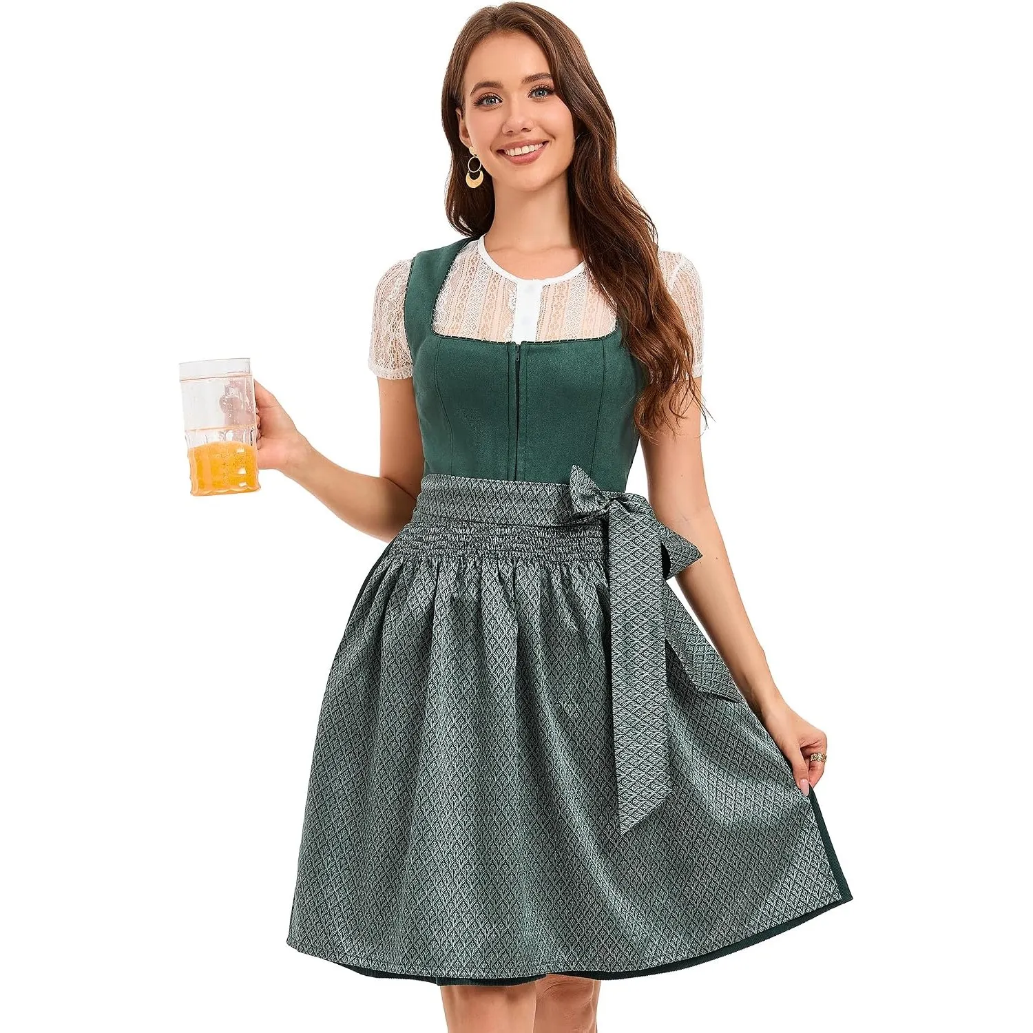 YesFashion Dirndl Damen Oktoberfest Damen Outfit Dirndl 3 Teilig Inkl. Trachtenrock Dirndlbluse Dirndlschürze Trachtenk…