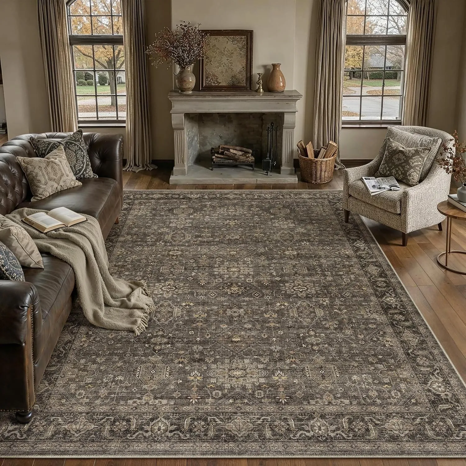 PureCozy Vintage Teppich Wohnzimmer 200x300cm Braun Schlafzimmer | Wohnzimmerteppich Waschbarer Carpet,Weich Rutschfest…