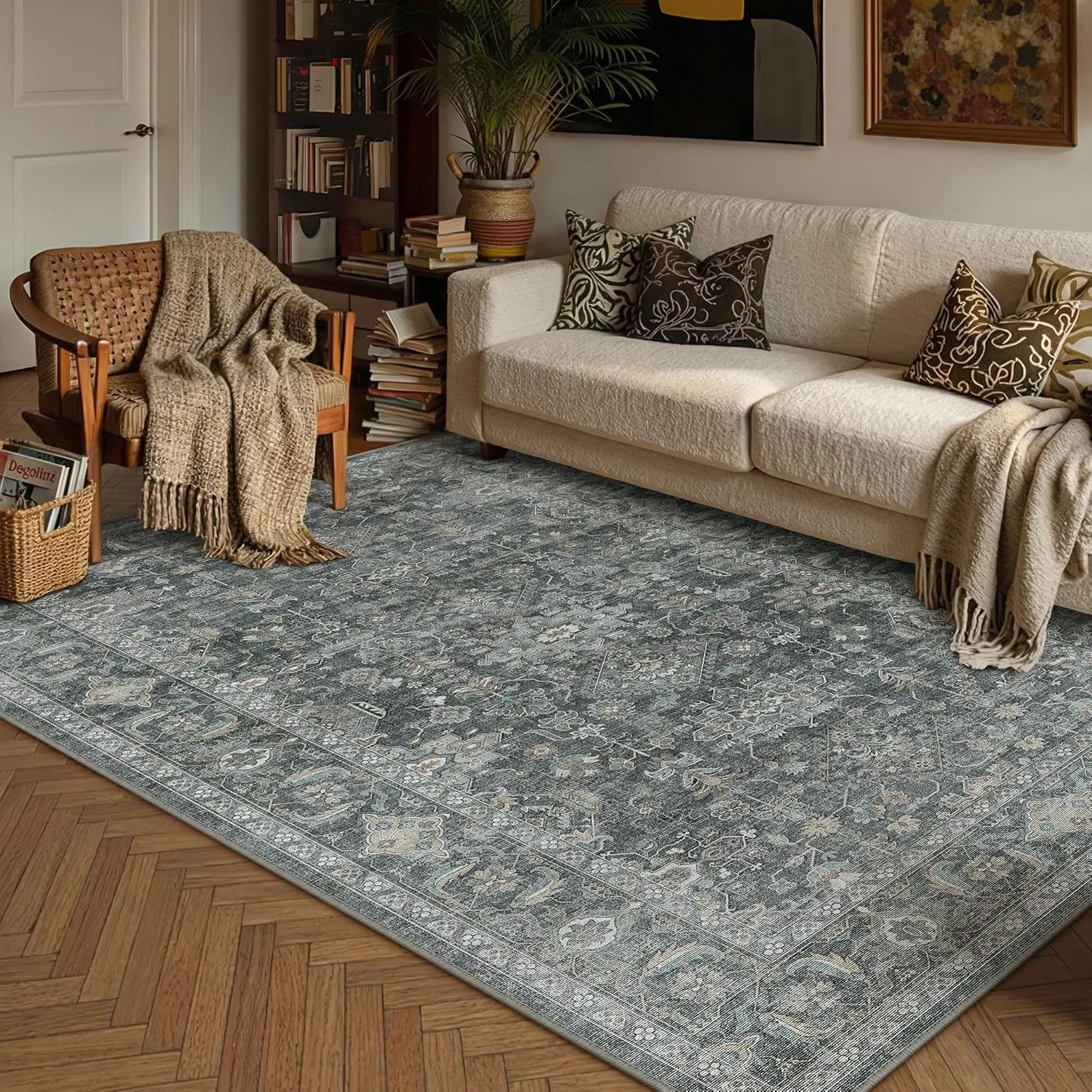 PureCozy Vintage Teppich Wohnzimmer 120x170cm Schwarz Schlafzimme | Wohnzimmerteppich Waschbarer Carpet,Weich Rutschfes…